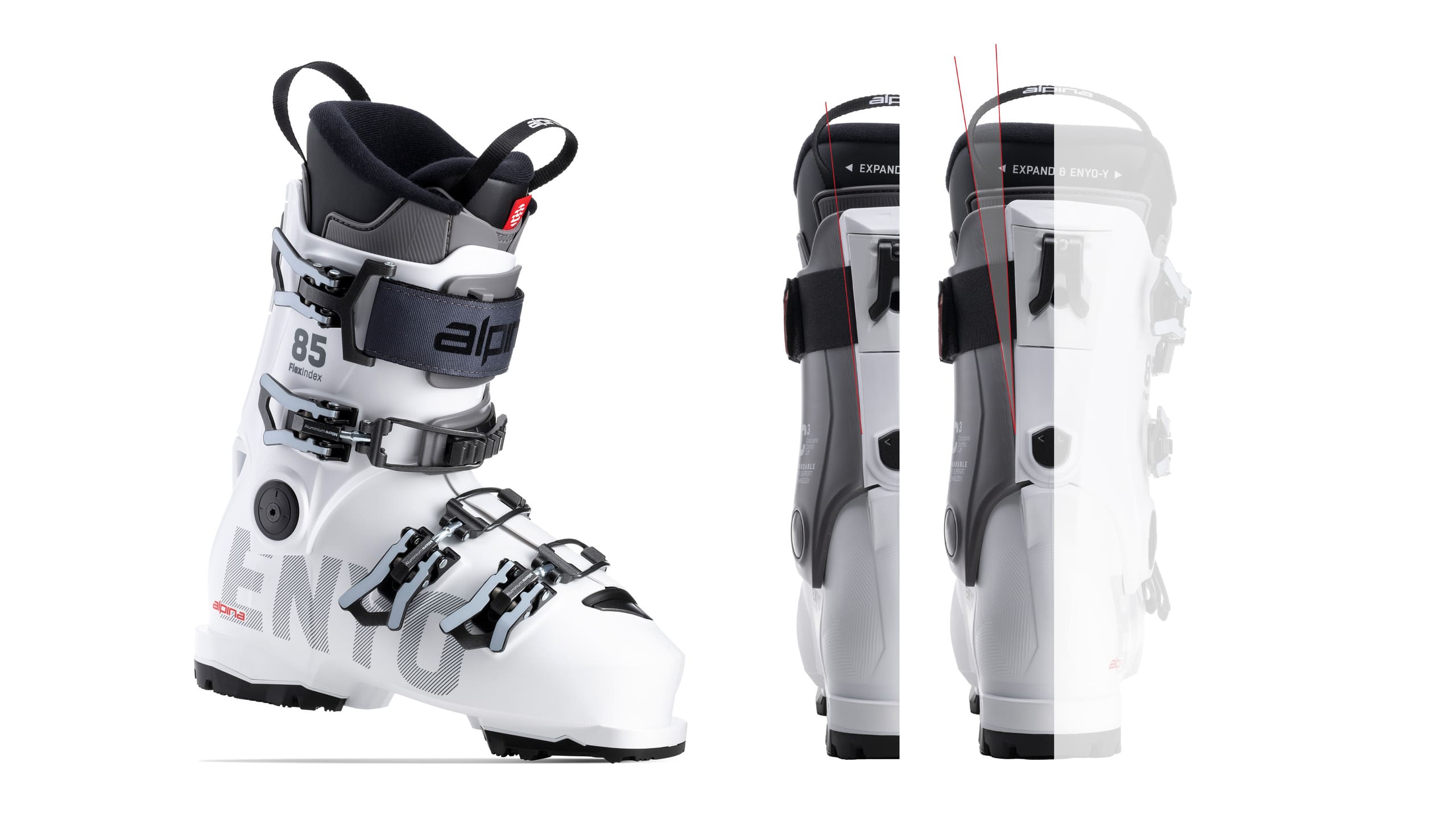 Demonstration of ski boot cuff expansion for improved fit for women with larger calf circumference.