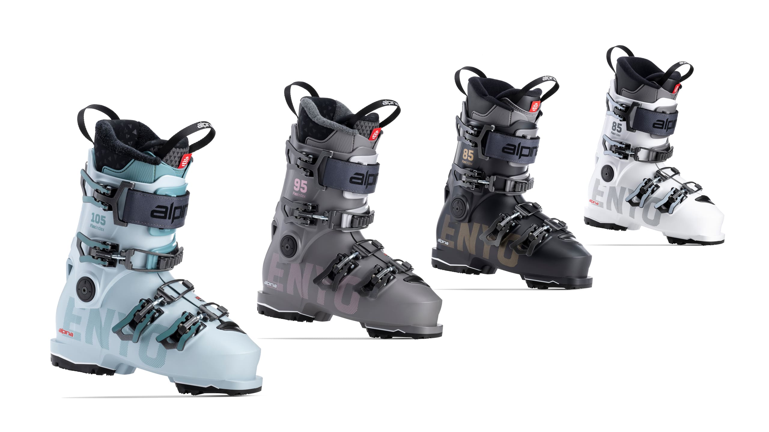 Group of Enyo ski boots in four color variants with women's-specific design.