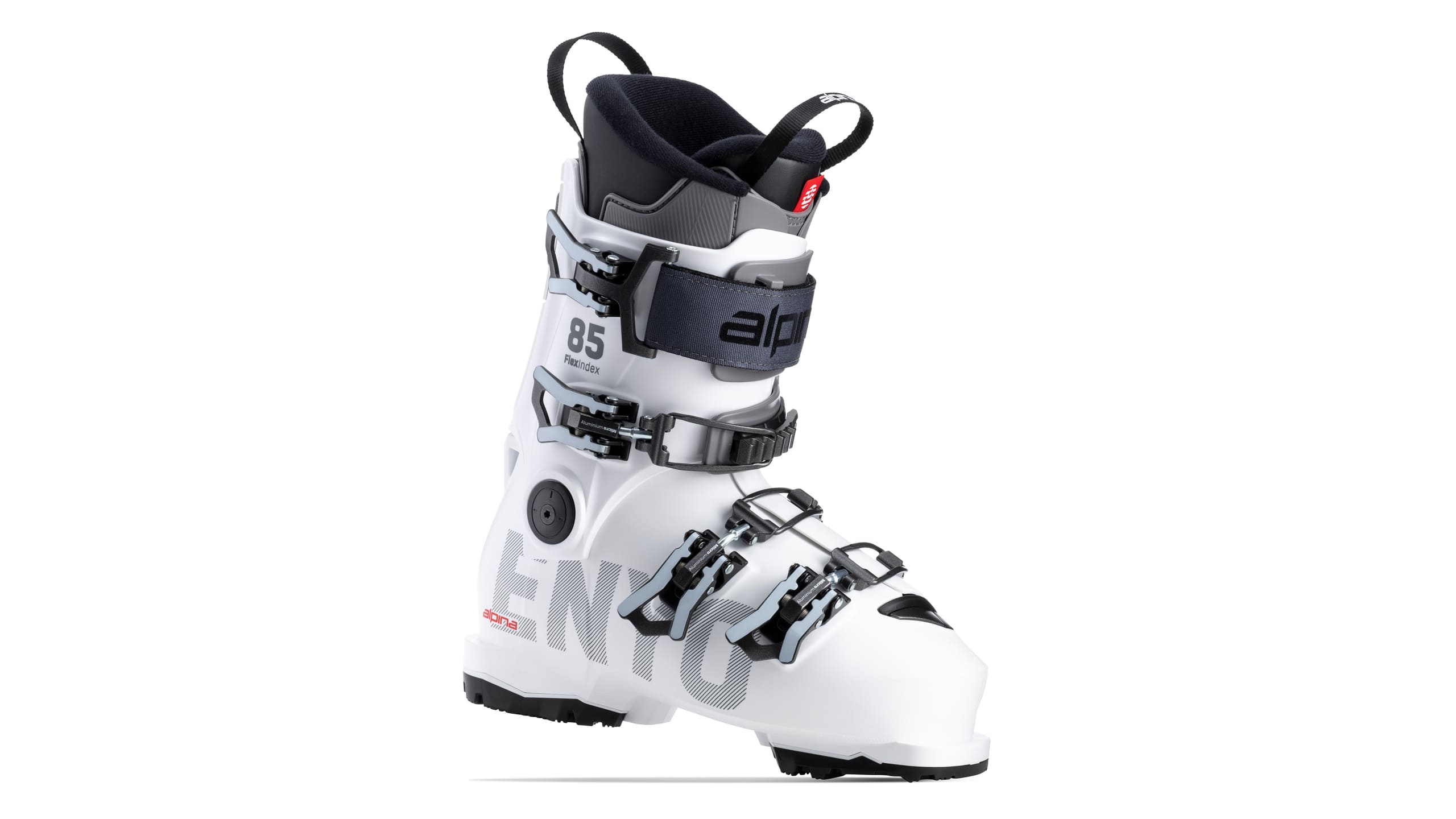 White Enyo women's ski boot with women's-specific design, side view.