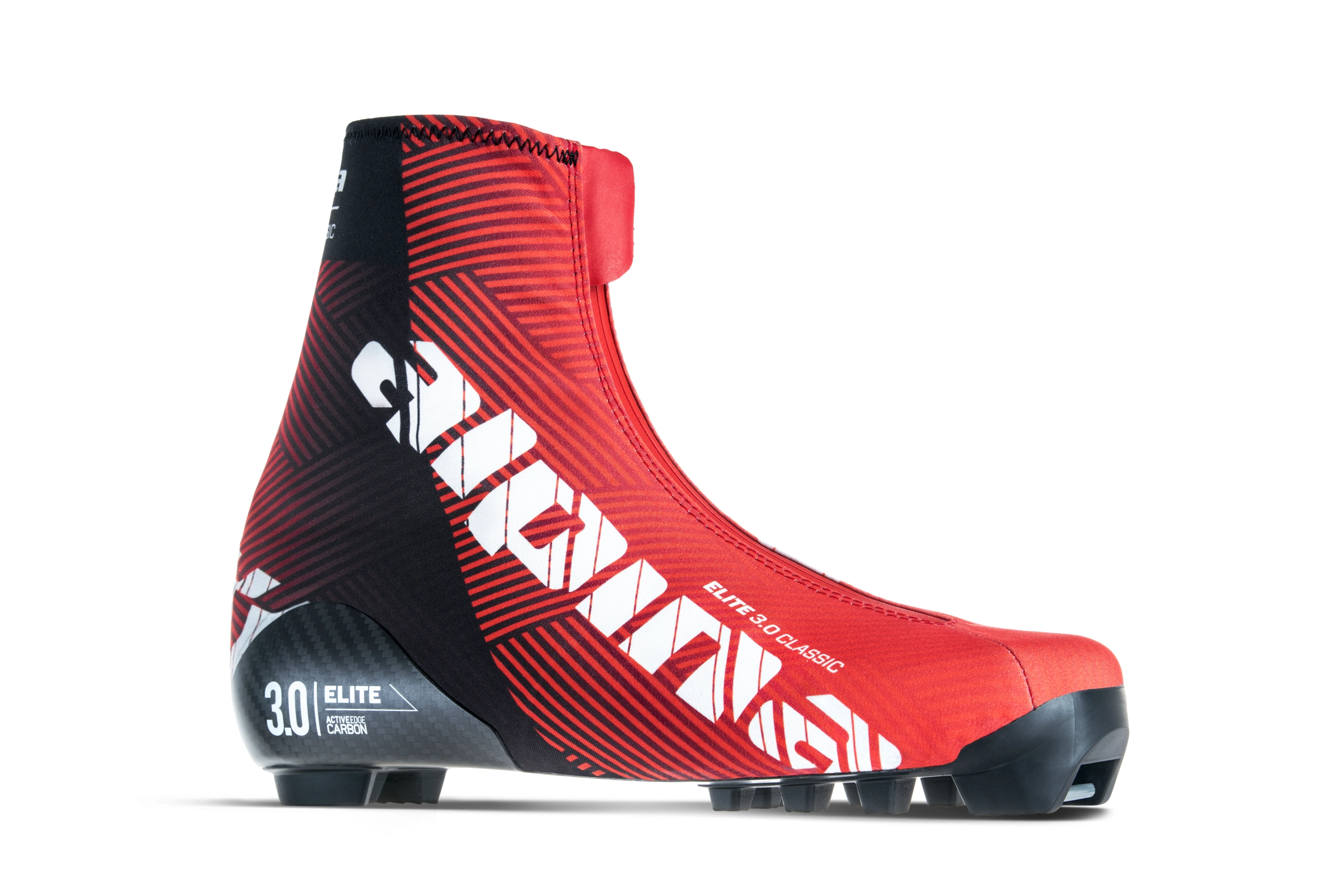Alpina ELITE 3.0 classic cross-country ski boot on white background, the world's lightest and most responsive boot for classic technique, featuring carbon construction, breathable materials, and a distinctive graphic identity.