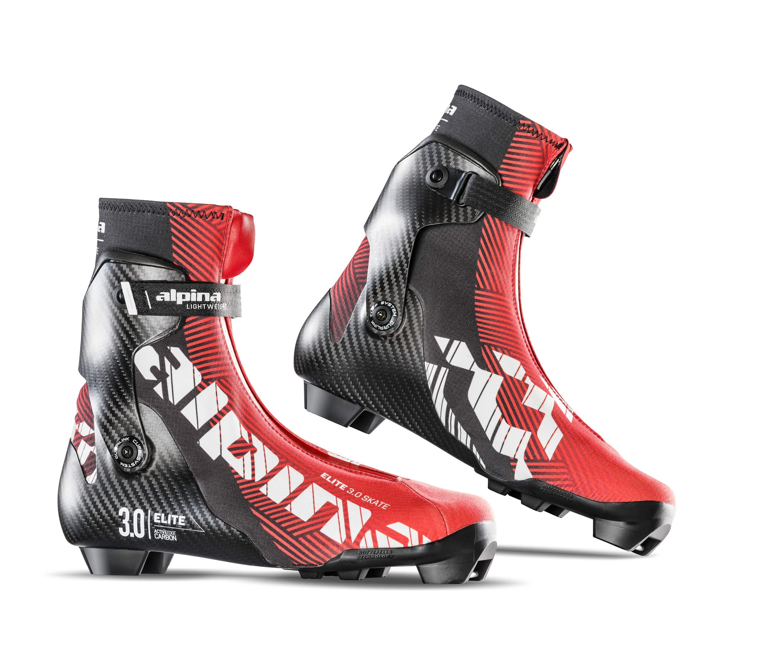 Alpina ELITE 3.0 skate and classic cross-country ski boots on white background, Red Dot Design Award winners, shown in striking black and red color scheme with carbon construction and breathable upper.