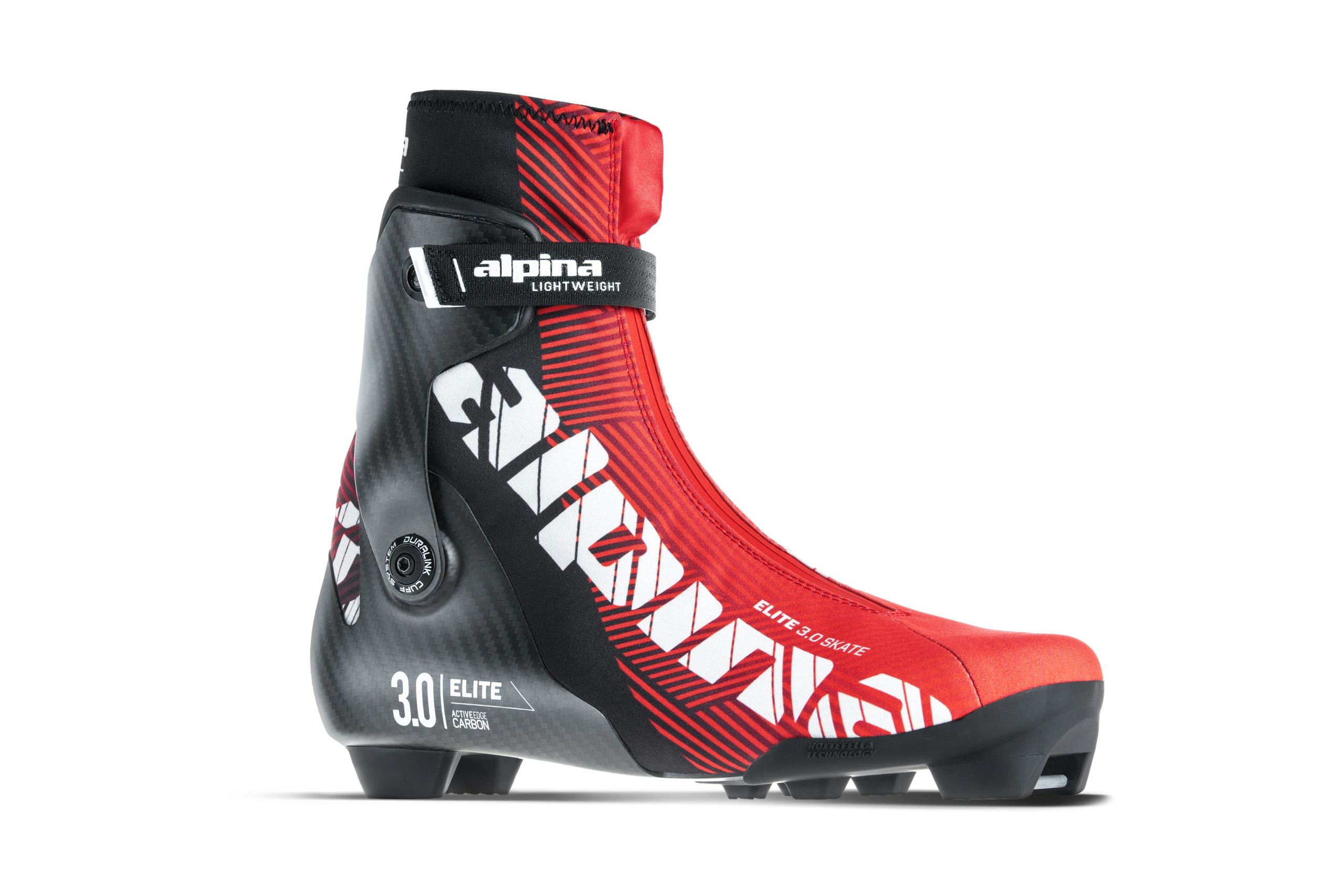 Alpina ELITE 3.0 skate cross-country ski boot on white background, the world's lightest and most responsive racing boot, featuring carbon fibre structure and breathable upper with iconic graphic identity.