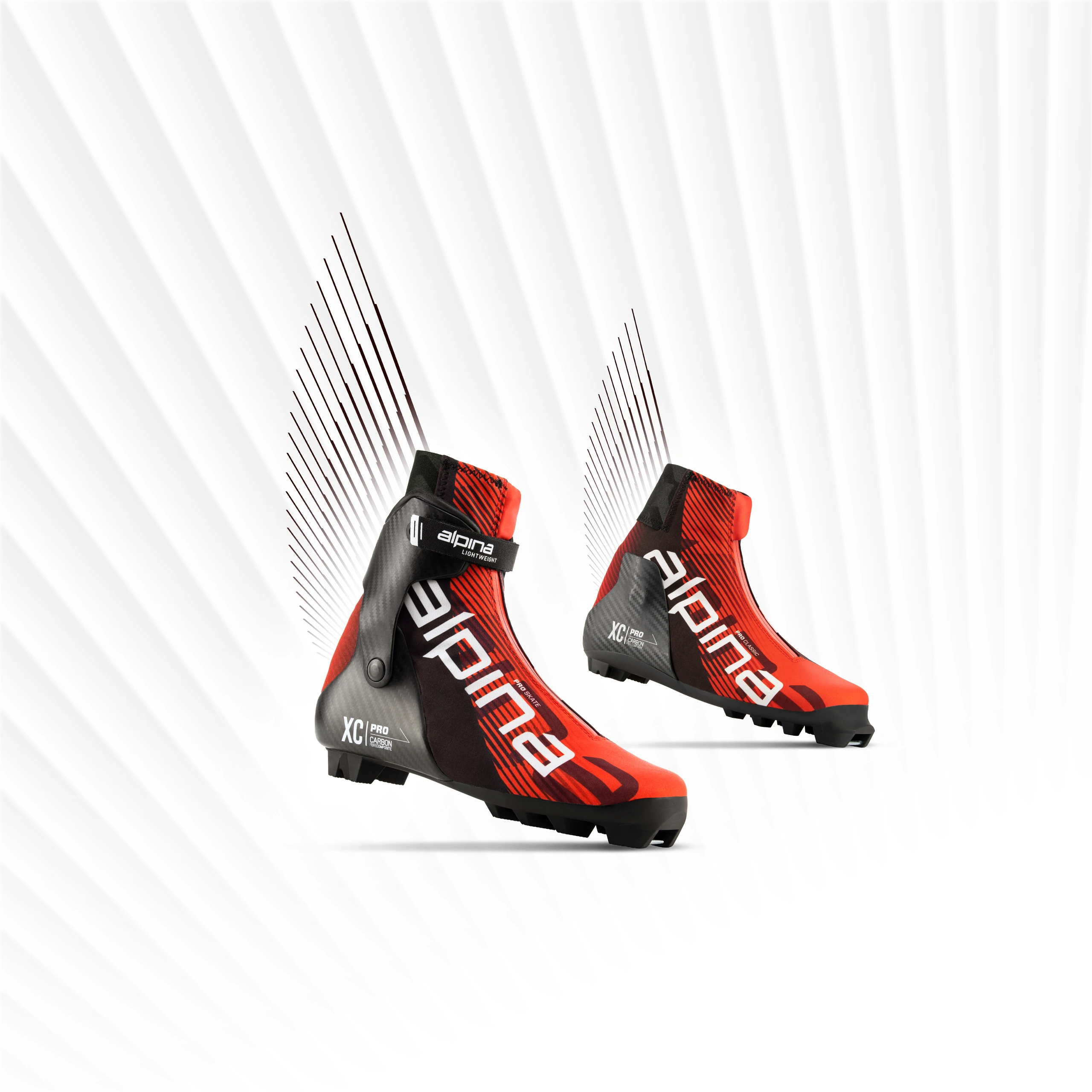 Alpina Elite PRO classic and skate cross-country ski boots set displayed on a graphic background that extends the wing-like pattern from the boot design, featuring Red Dot award-winning aesthetics.