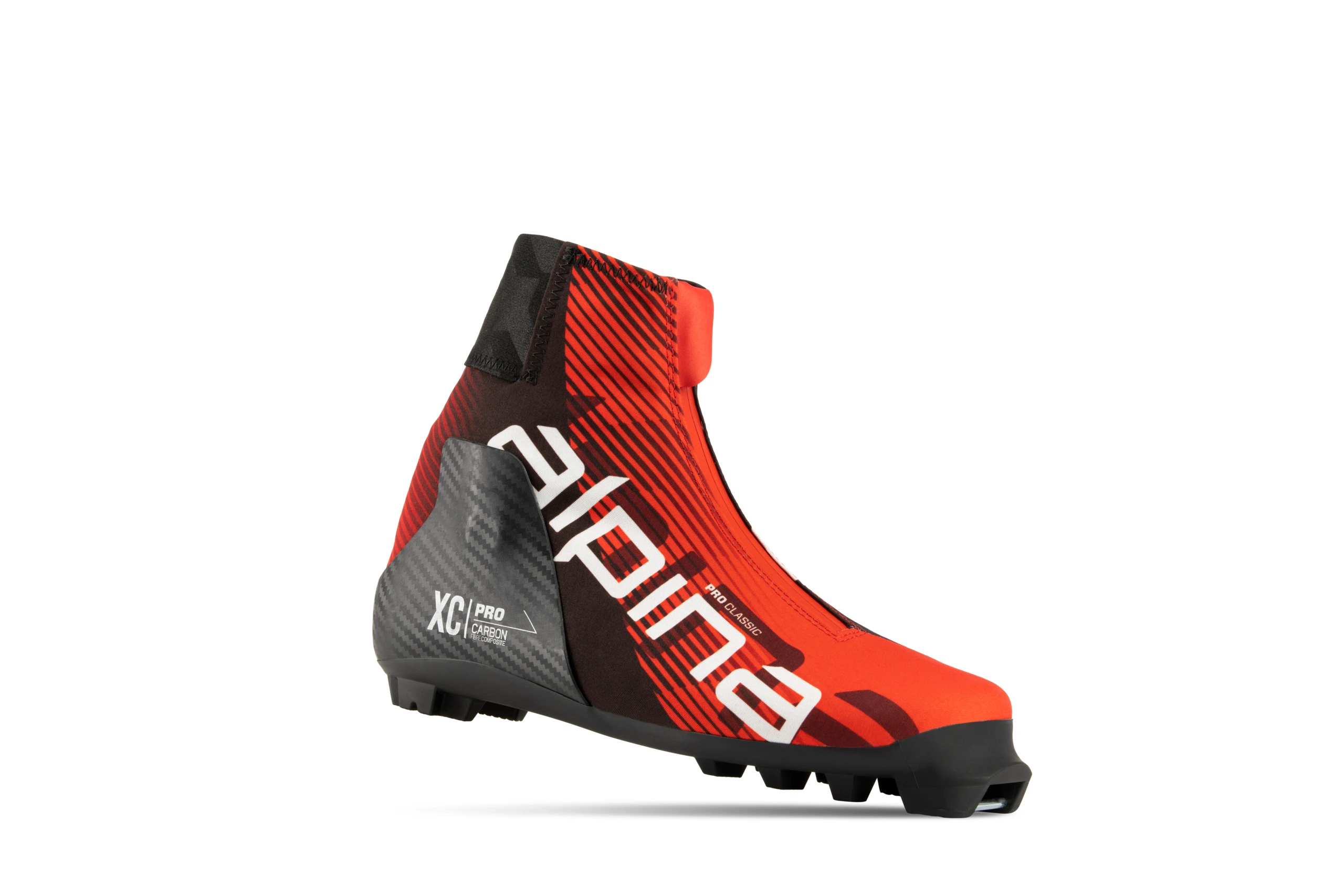 Alpina Elite PRO classic cross-country ski boot on white background, featuring award-winning Red Dot design with innovative injected carbon support and bold graphic identity.