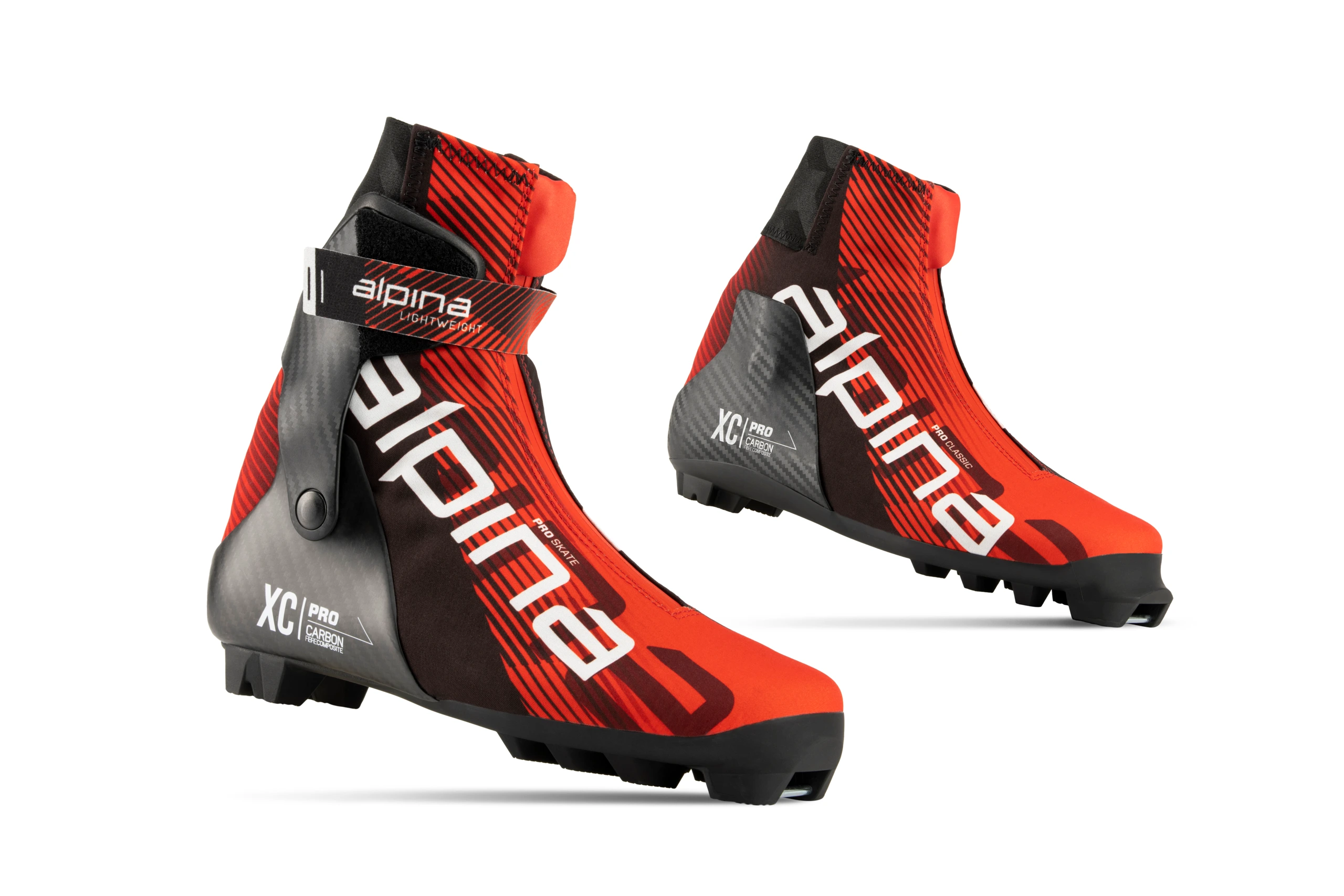 Alpina Nordic ski boot set for classic and skate on white background, showcasing award-winning Red Dot design.