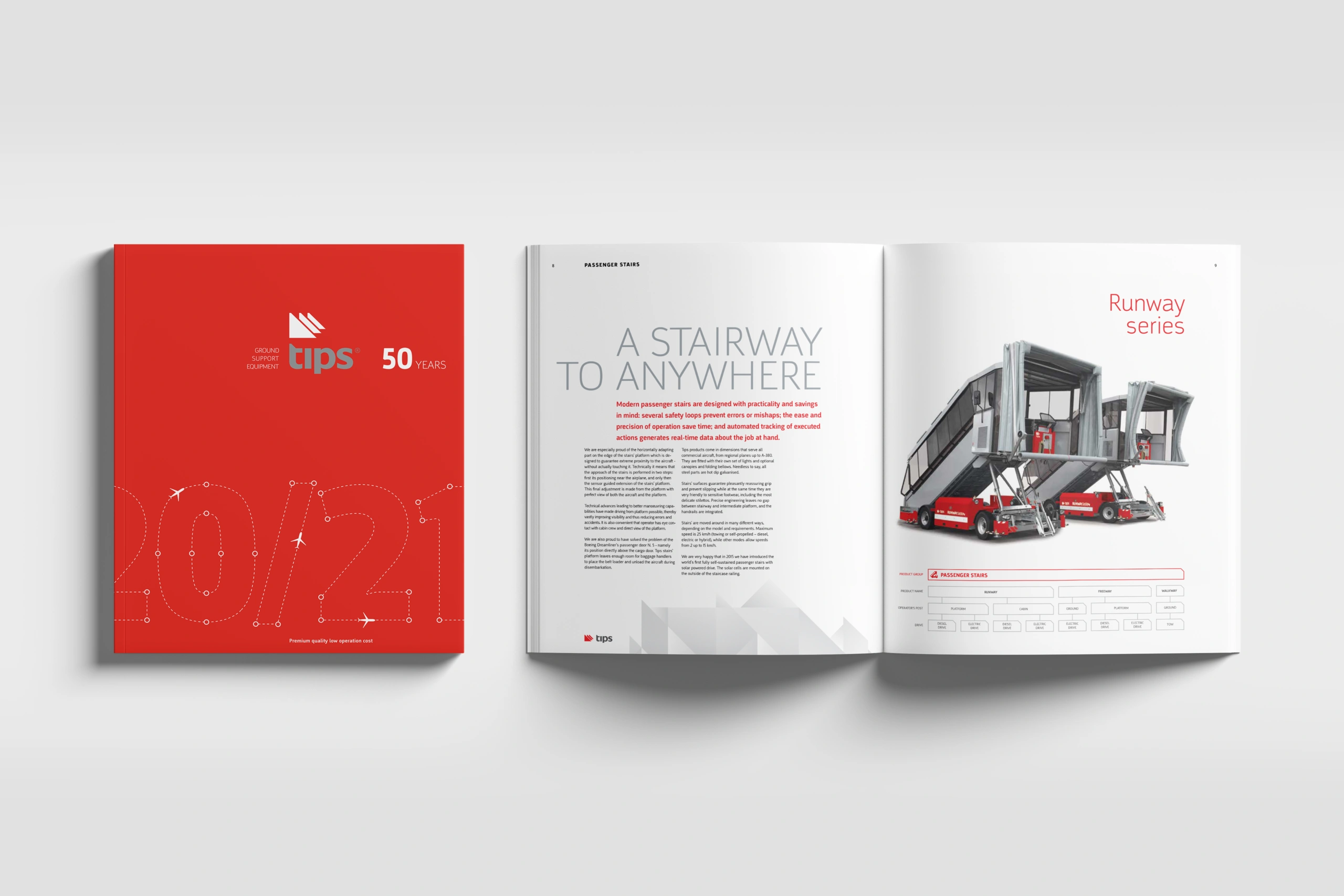 Cover design and two inside pages of the Tips company catalogue from the year 2021. A short introduction text on the left-hand page and a picture of the Tips Runway passenger stairs on the right-hand page.