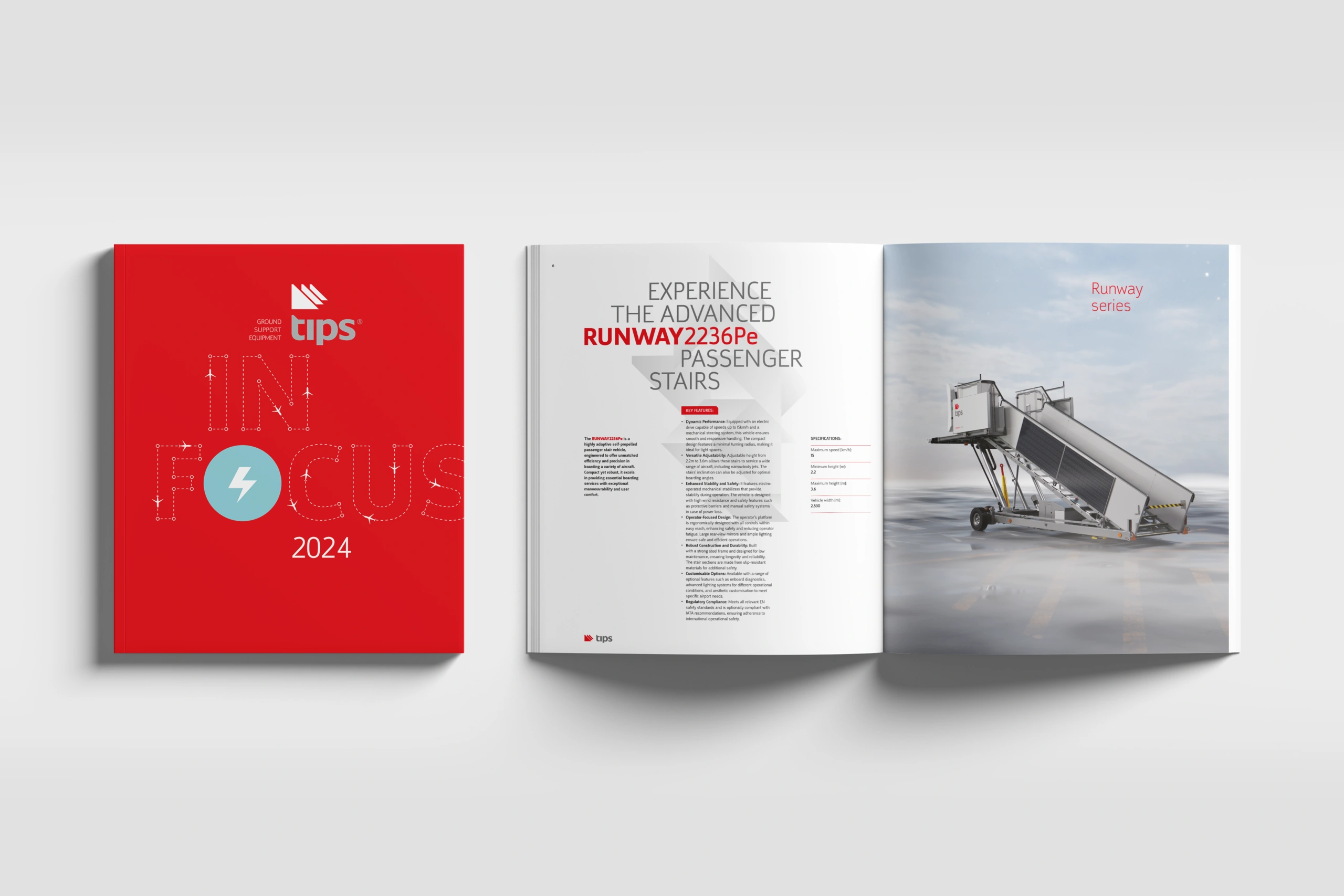 Cover design and two inside pages of the Tips company catalogue from the year 2024. A short introduction text on the left-hand page and a picture of the Tips Runway passenger stairs on the right-hand page.