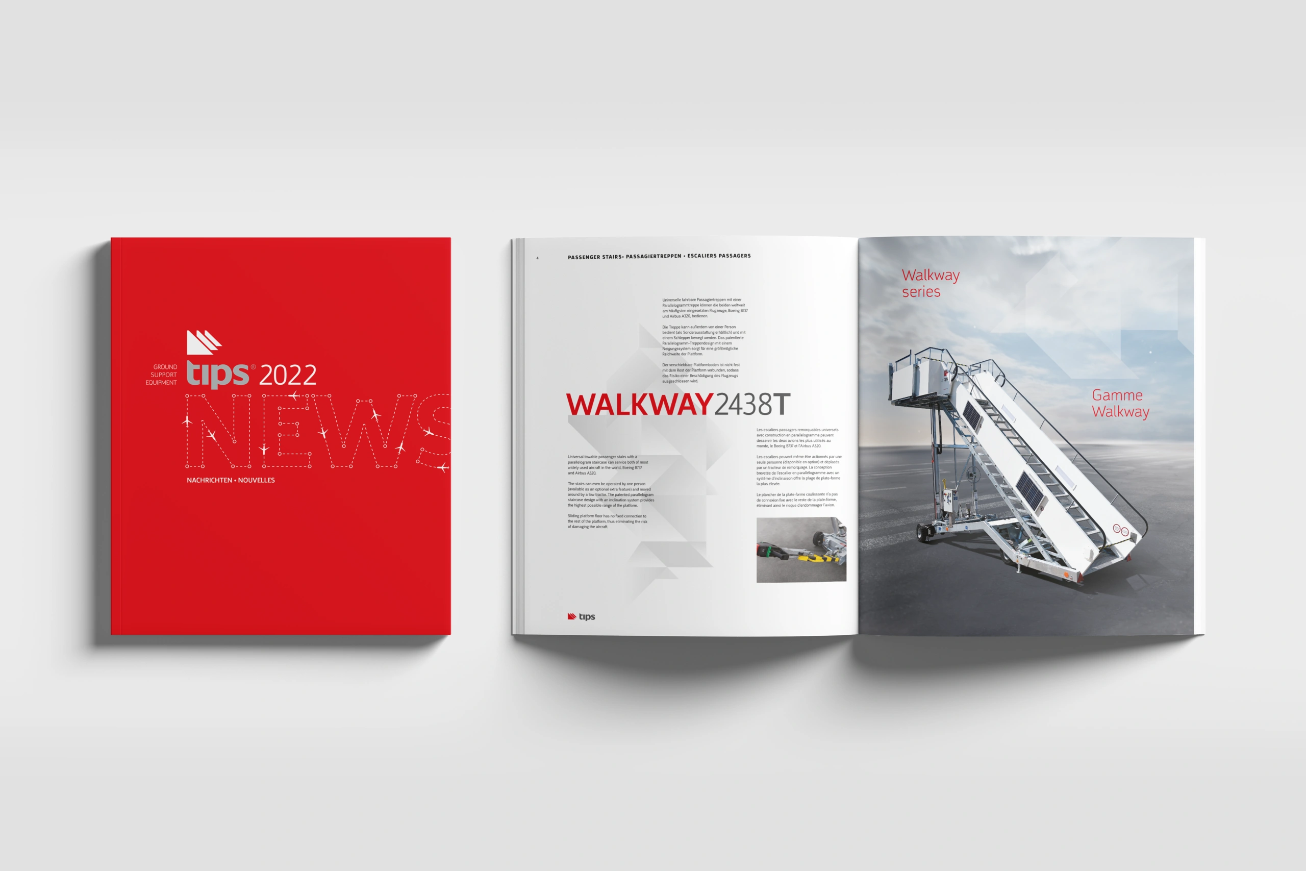 Cover design and two inside pages of the Tips company catalogue from the year 2022. A short introduction text on the left-hand page and a picture of the Tips Walkway passenger stairs on the right-hand page.