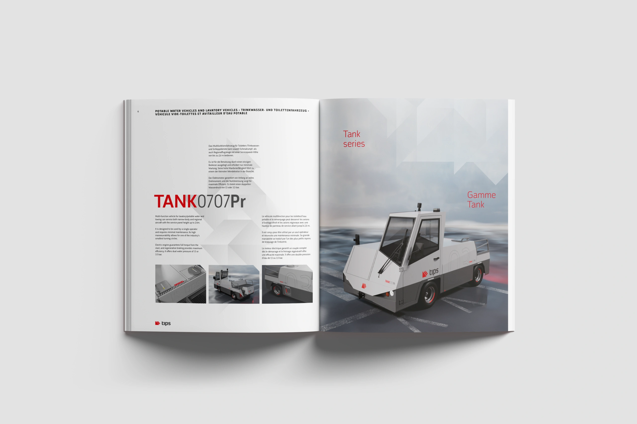 Opened Tips company catalogue displaying the layout and graphic design. The Tips Tank vehicle is visualised on the right-hand page, with the details explained on the left-hand page.