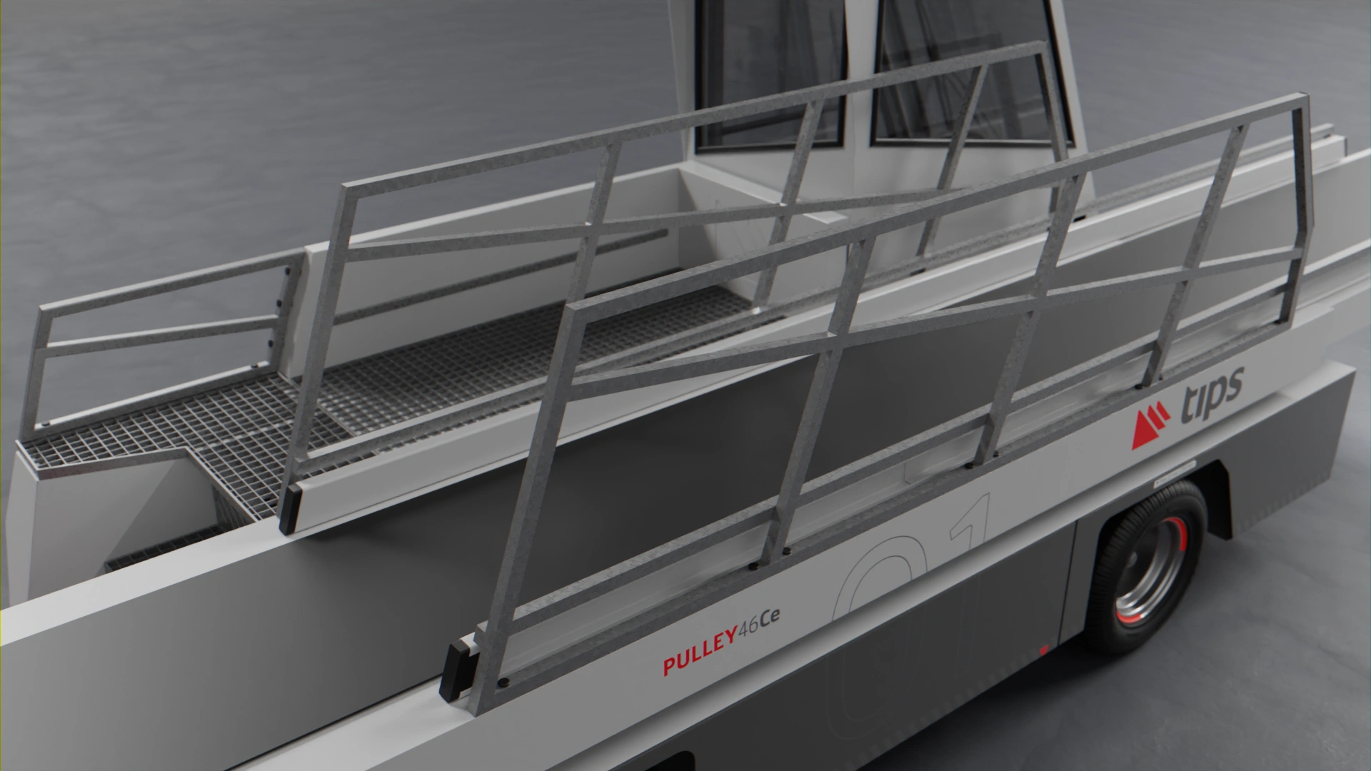 Visualisation of the Tips GSE Pulley electric airport conveyor belt vehicle, showing the conveyor.