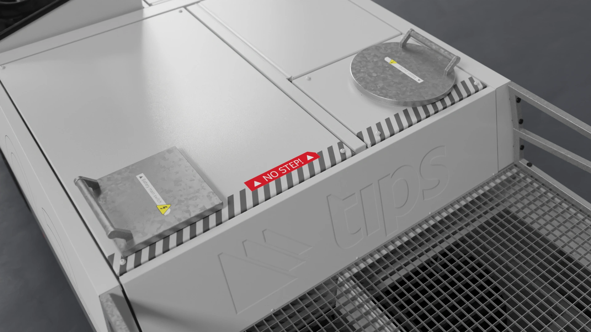 Visualisation of the Tips GSE Tank electric airport water tank vehicle, showing the rear access hatches.