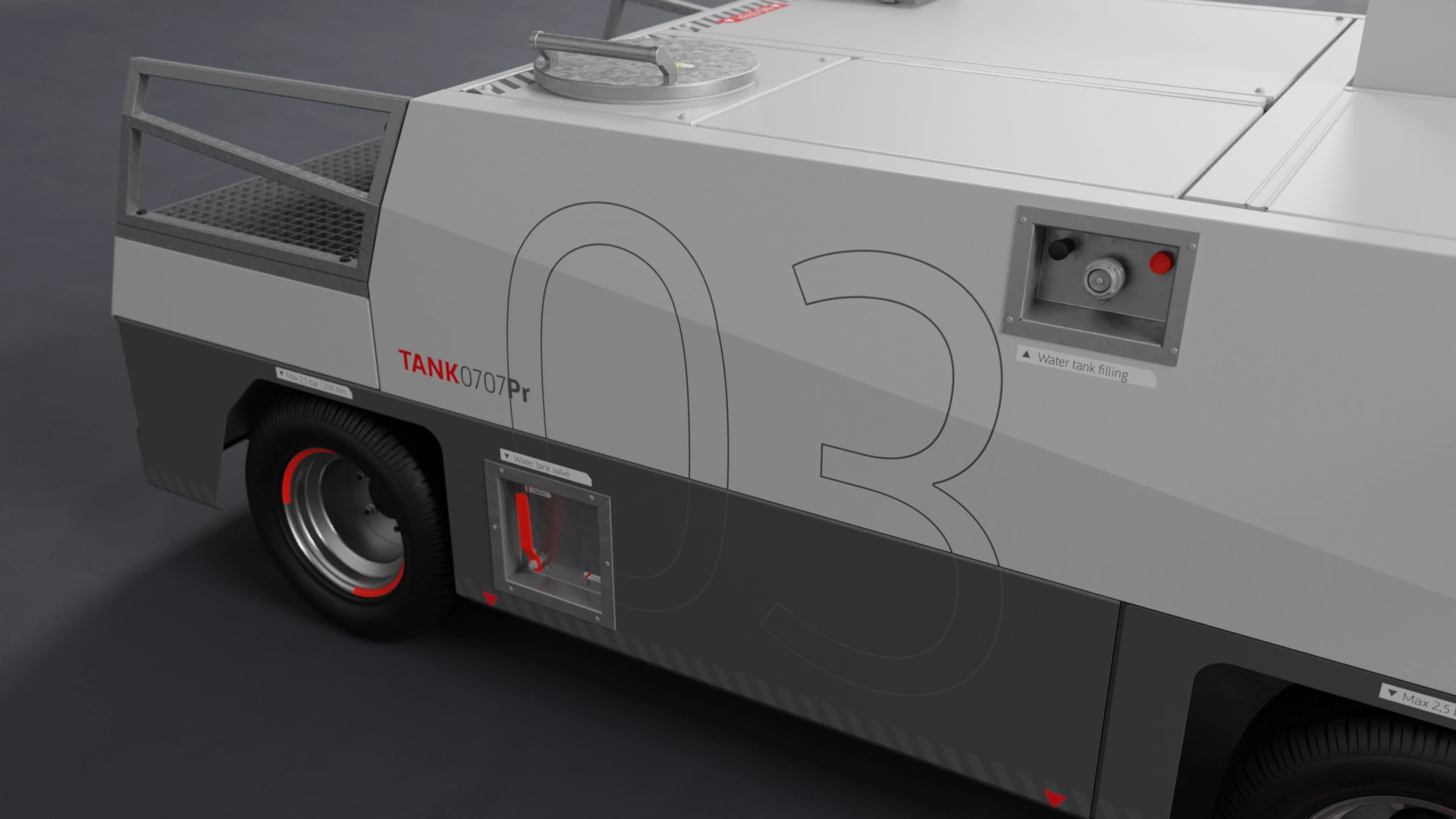 Visualisation of the Tips GSE Tank electric airport water tank vehicle, showing the side valve and filling cap.