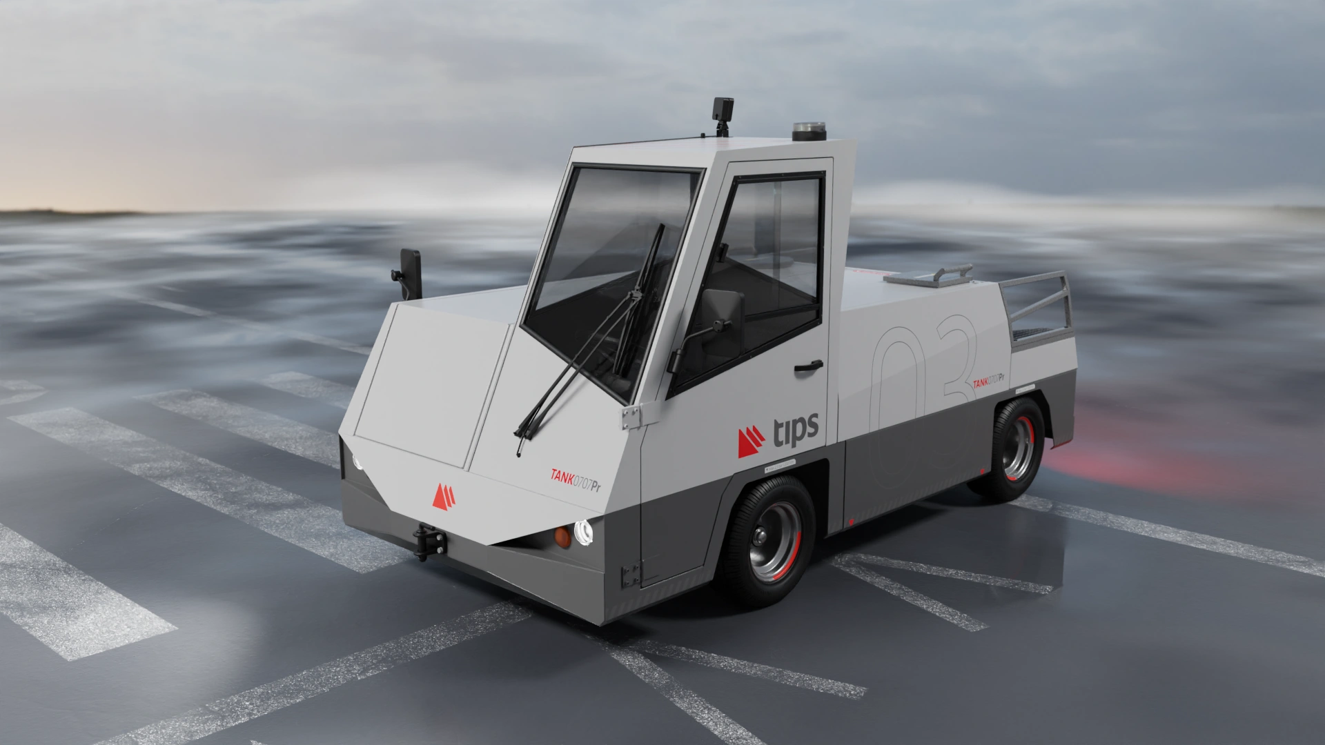 Visualisation of the Tips GSE Tank electric airport water tank vehicle, front view on an airport runnway asphalt.