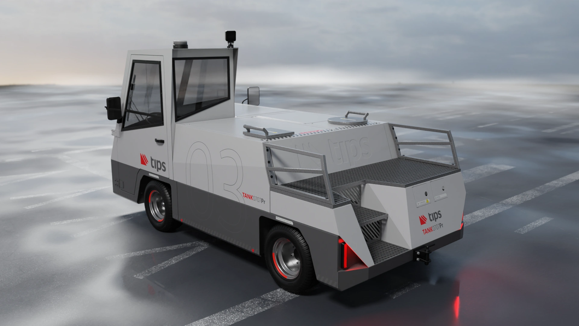 Visualisation of the Tips GSE Tank electric airport water tank vehicle, rear view on an airport runnway asphalt.