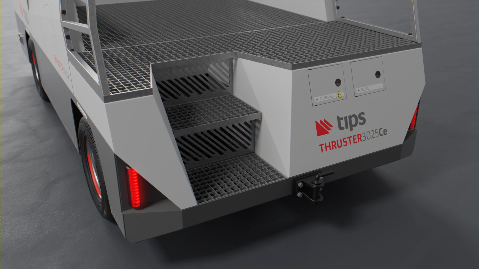 Visualisation of the Tips GSE Thruster electric airport tow tractor, showing the rear steps of the truck bed.