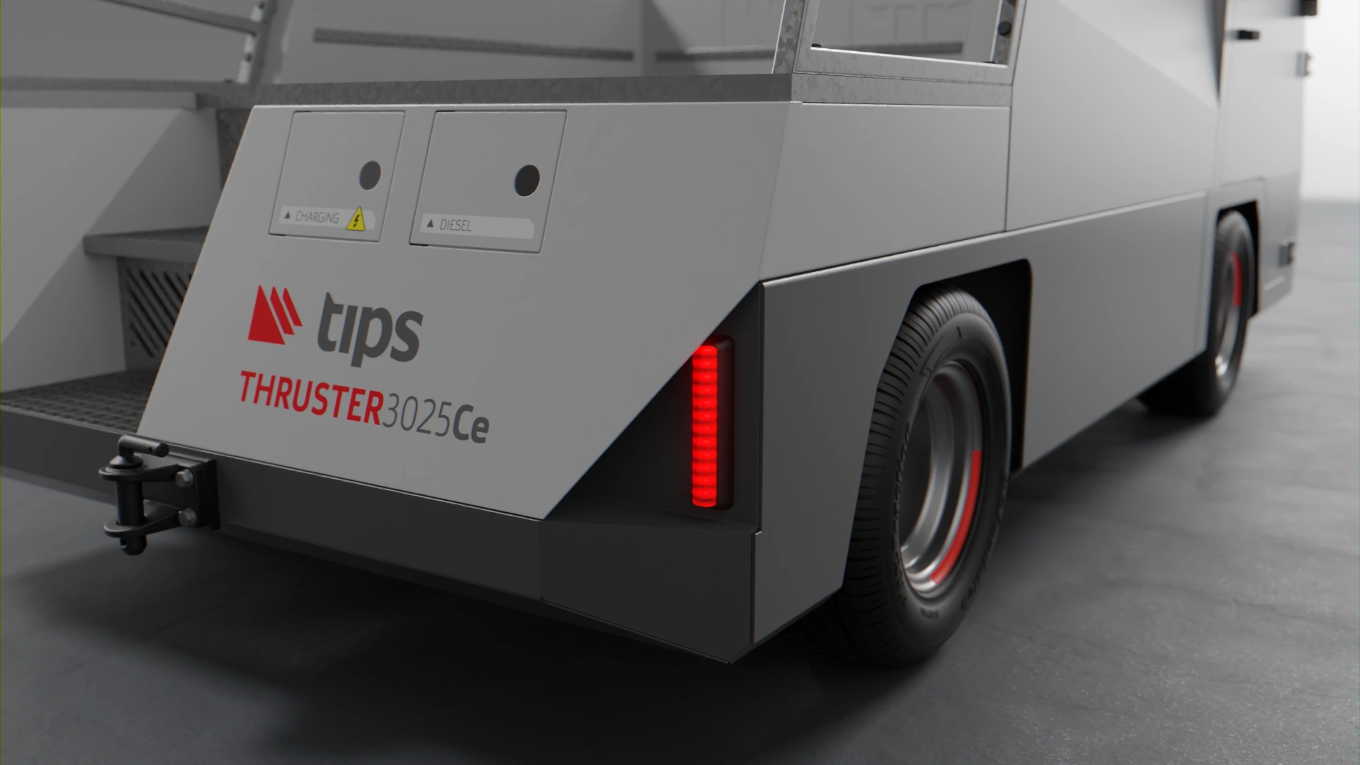 Visualisation of the Tips GSE Thruster electric airport tow tractor, showing the rear section with taillights, charging and filling ports.