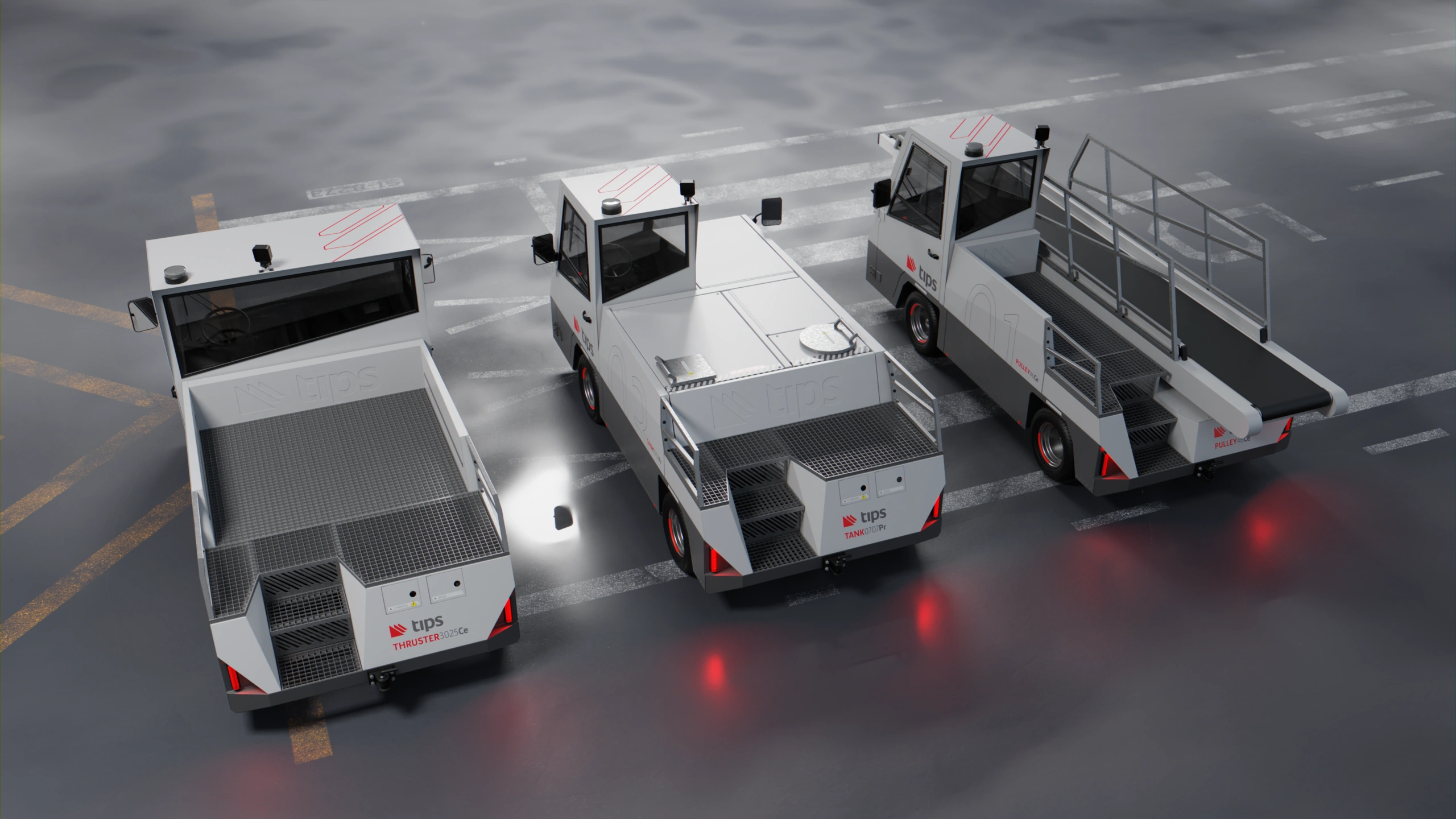 Visualisation of three different Tips GSE airport vehicles designed on a modular electric vehicle platform. A tow tractor, water tank and a belt loader. View from of the back.