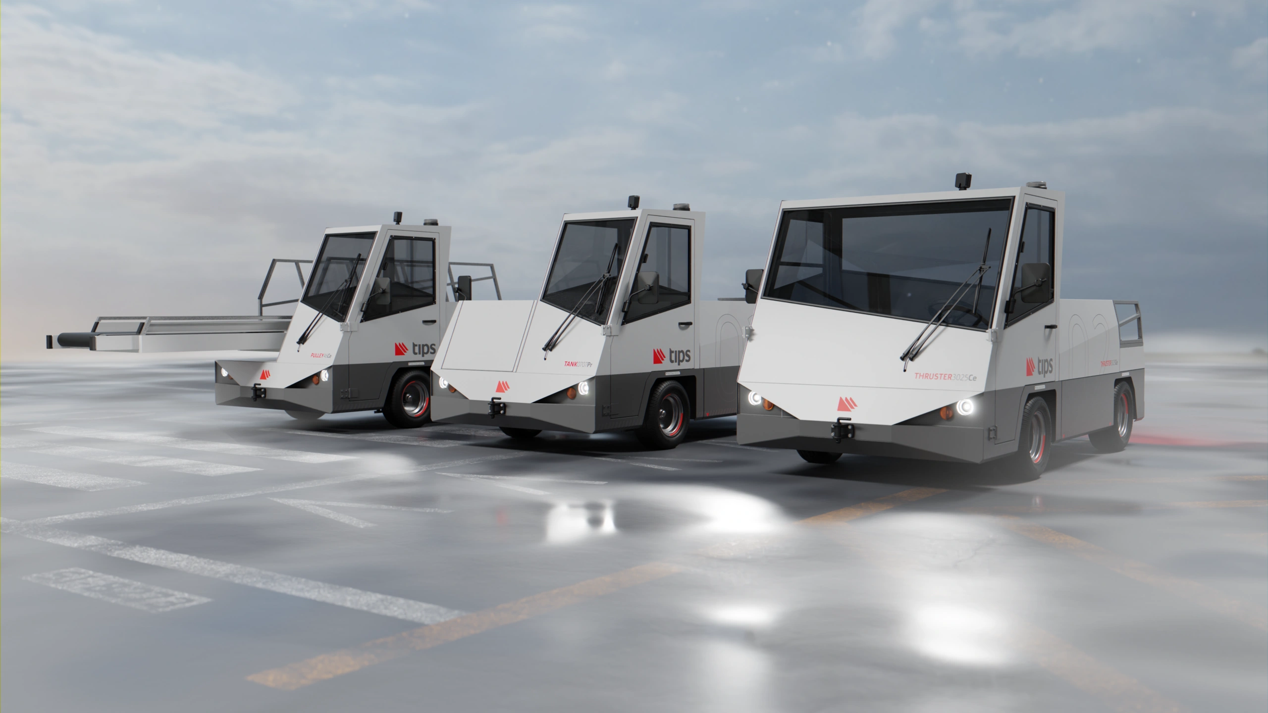 Visualisation of three different Tips GSE airport vehicles designed on a modular electric vehicle platform. A tow tractor, water tank and a belt loader. View from the front.