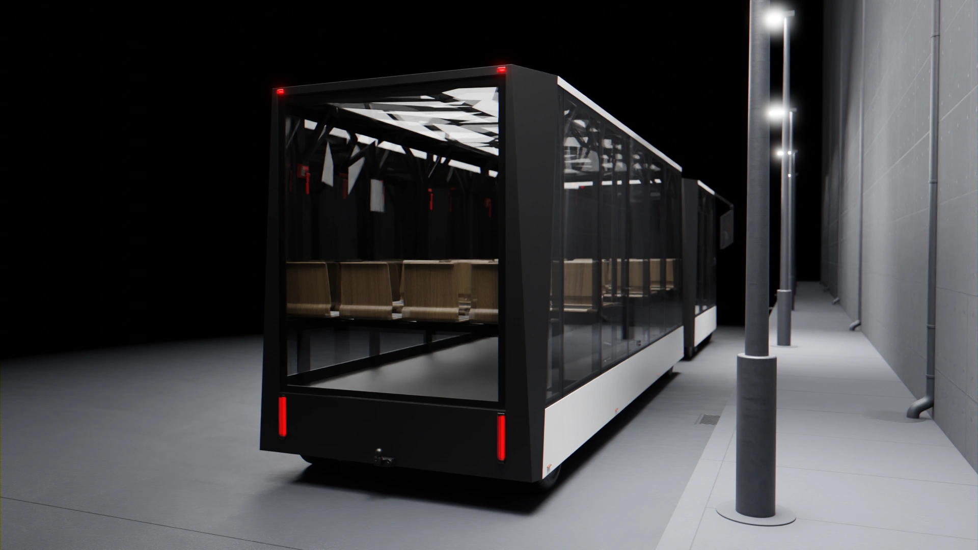 Visualisation of the Tips electric tourist bus concept in city environment, showing the rear of the vehicle.