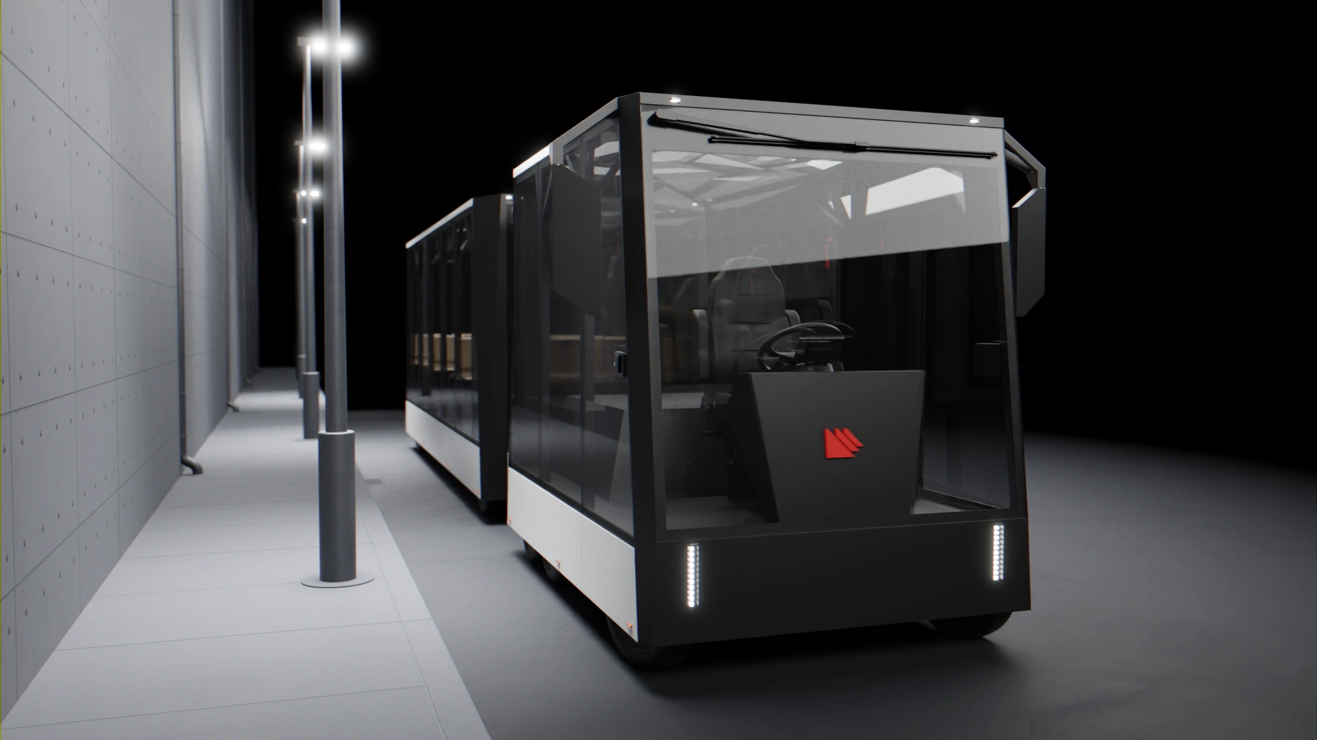 Visualisation of the Tips electric tourist bus concept in city environment, view of the driver's cabin and the front of the vehicle.