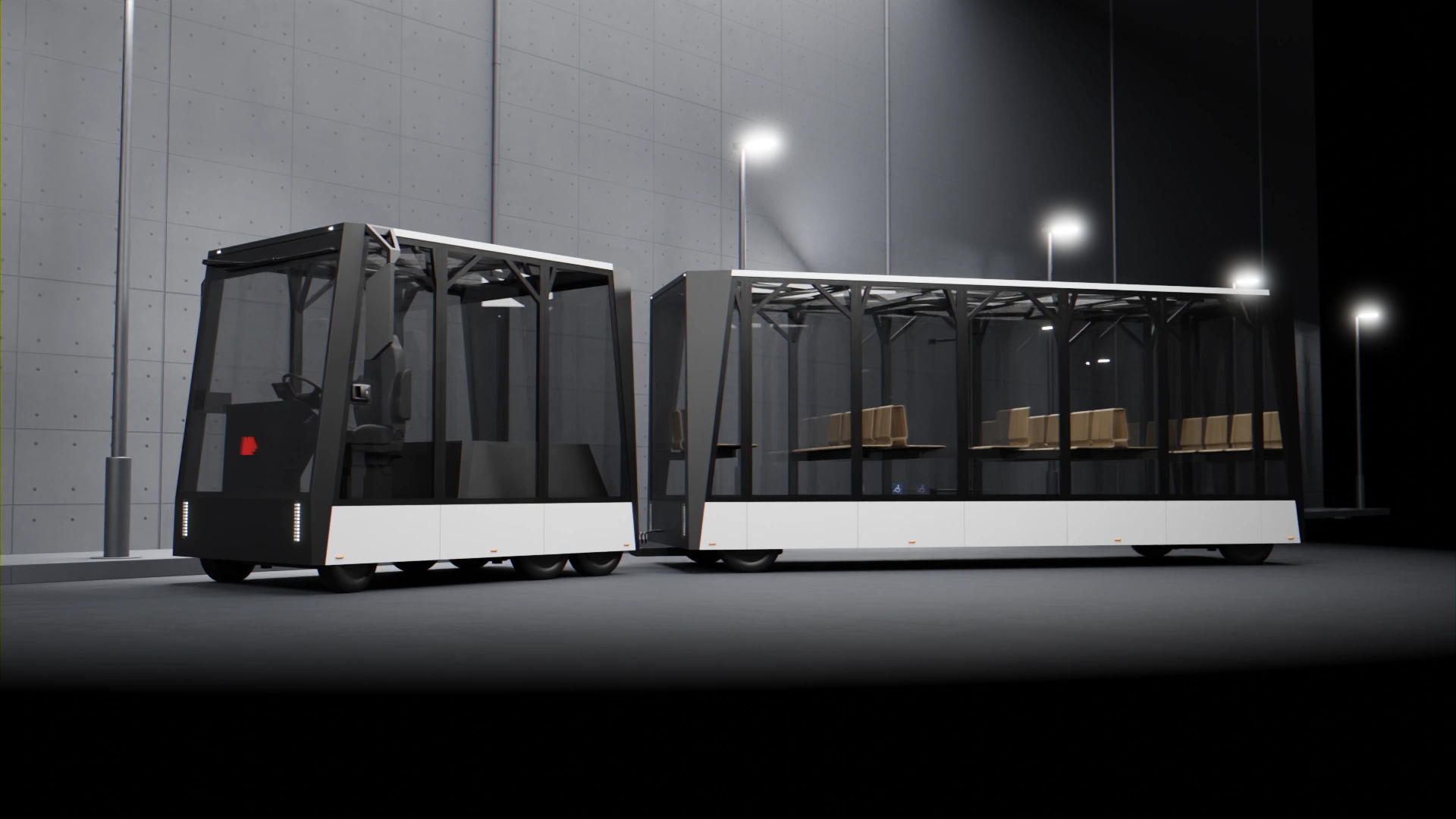 Visualisation of the Tips electric tourist bus concept, presented in a city environment.