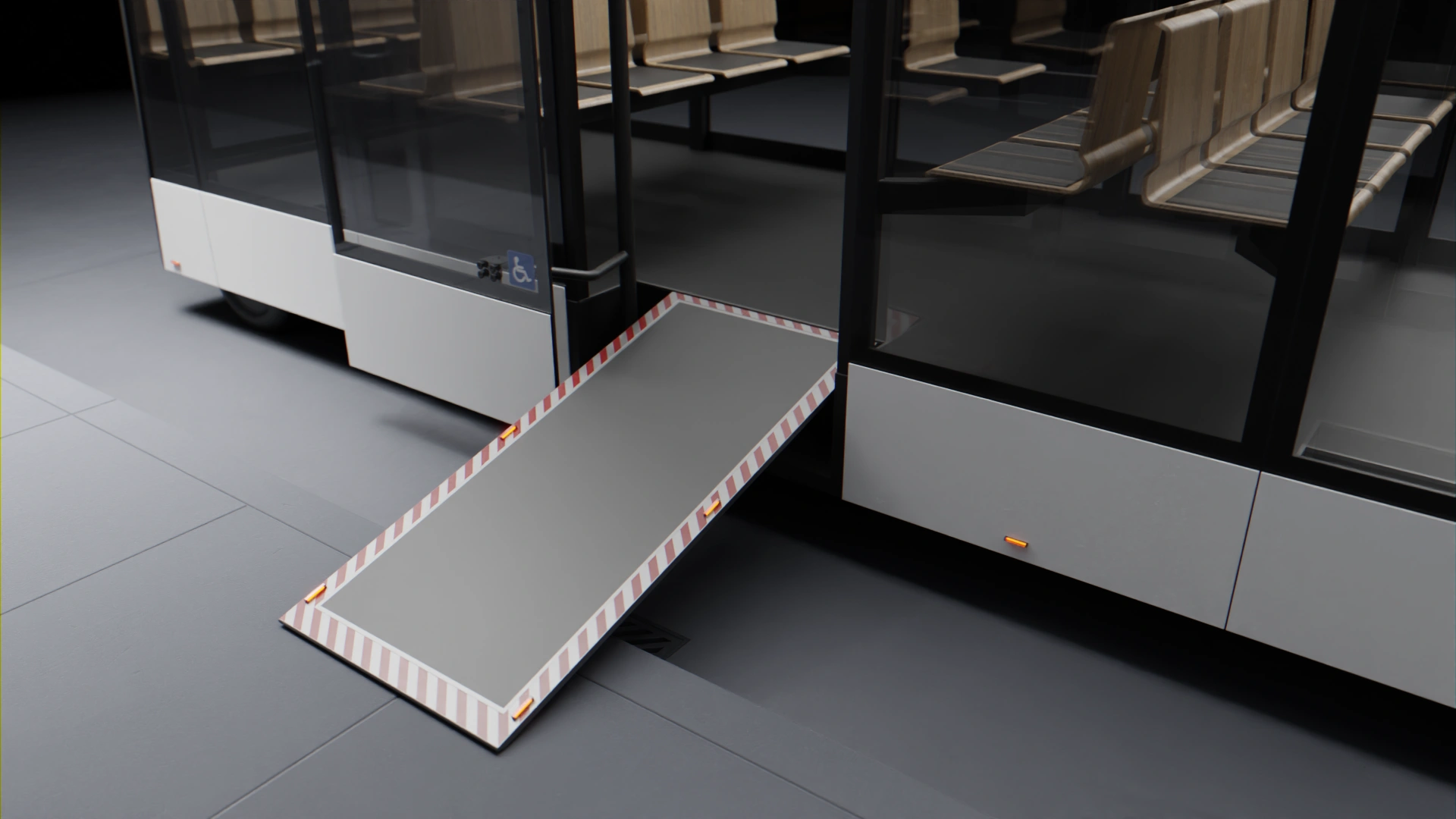 Visualisation of the Tips electric tourist bus concept in city environment, showing the integrated wheelchair ramp.
