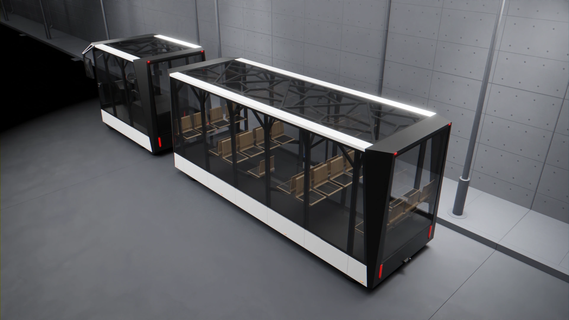 Visualisation of the Tips electric tourist bus concept in city environment, view of the panoramic glass roof with nature inspired sub-structure.