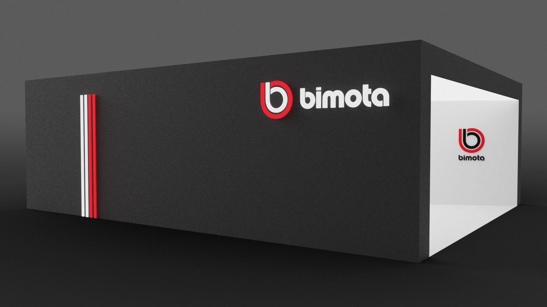 A computer visualsation of the trade fair booth concept exterior for the Bimota stand at Eicma 2019 in Milano.