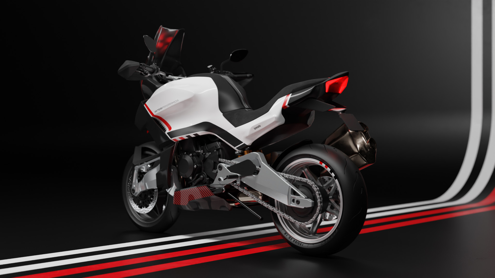 Visualisation of the Bimota Panoramica adventure motorcycle design concept, on black background with Bimota stripes, a view from the back.