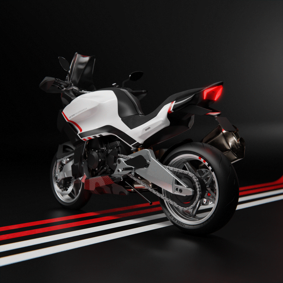 Animation of the Bimota Panoramica adventure motorcycle design concept, showing the different configurations: from road, dakar to a retro style. View from the back.