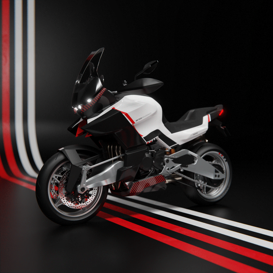 Animation of the Bimota Panoramica adventure motorcycle design concept, showing the different configurations: from road, dakar to a retro style. View from the front.