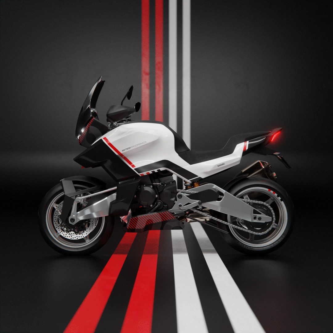 Animation of the Bimota Panoramica adventure motorcycle design concept, showing the different configurations: from road, dakar to a retro style. View from the side.