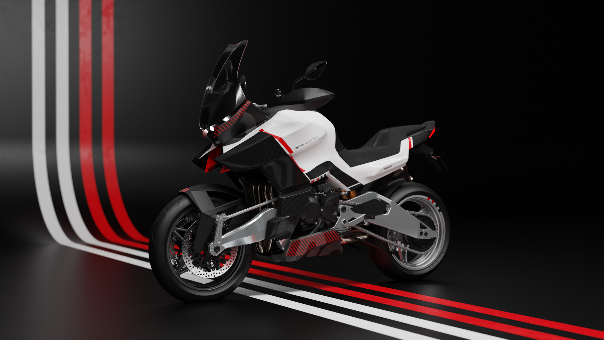 Visualisation of the Bimota Panoramica adventure motorcycle design concept, on black background with Bimota stripes, a view from the front.