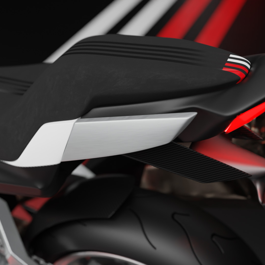 Visualisation of the Bimota Panoramica adventure motorcycle design concept, showing the rear part of the seat.