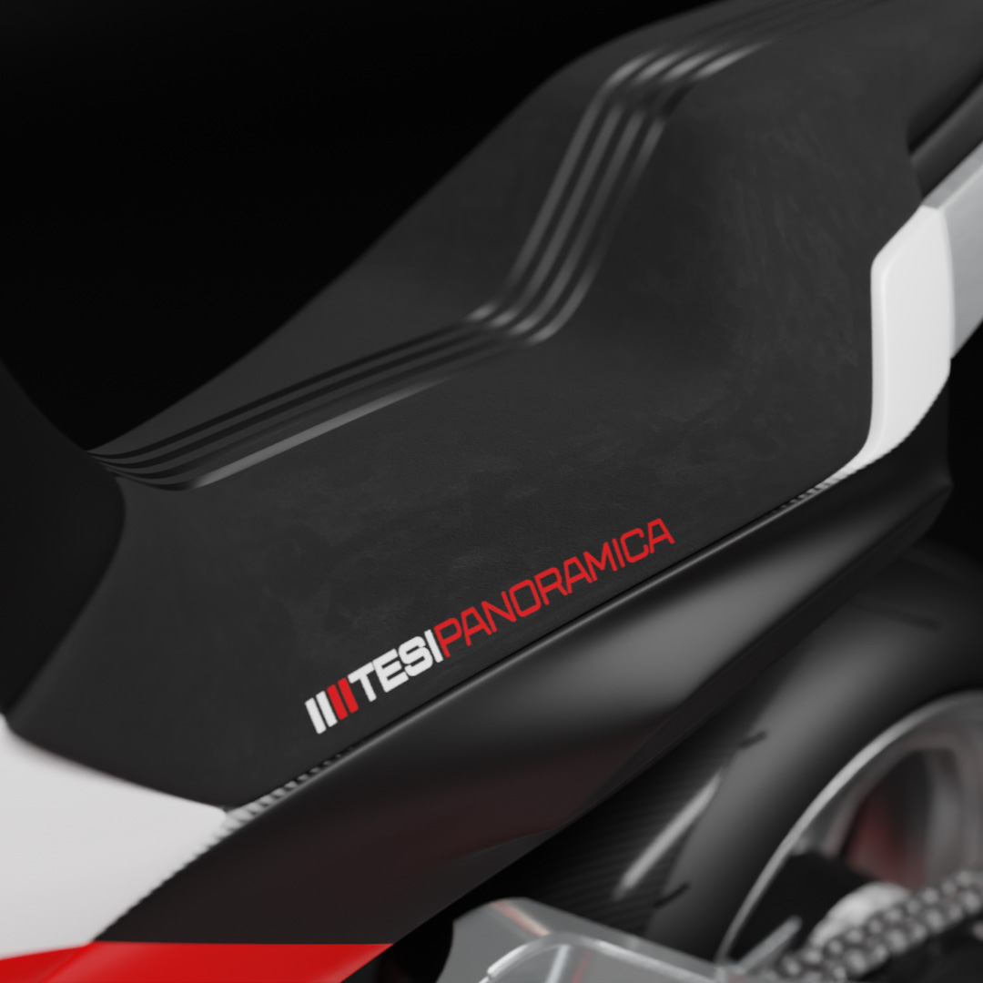 Visualisation of the Bimota Panoramica adventure motorcycle design concept, showing the side view of the seat.