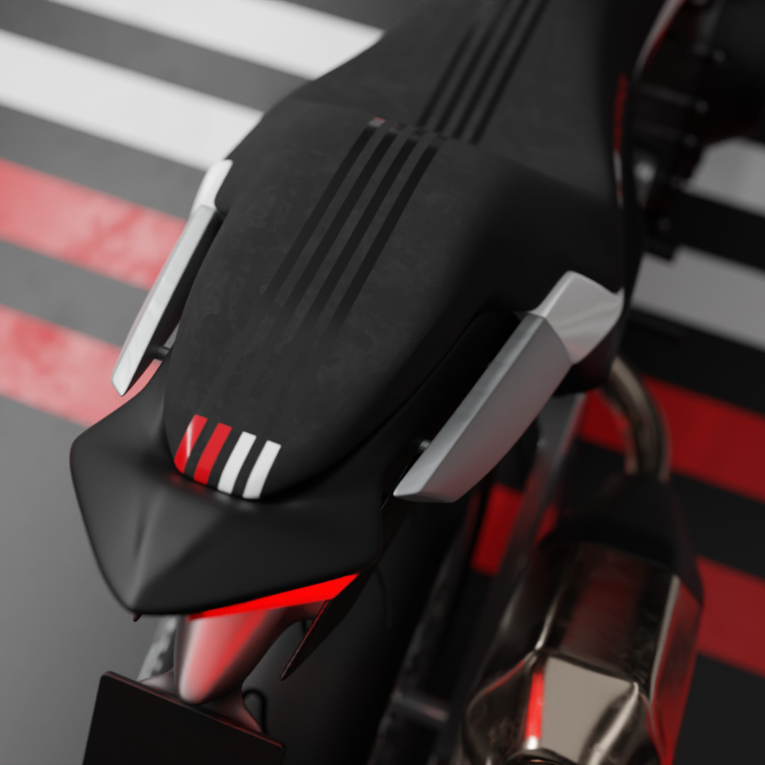 Visualisation of the Bimota Panoramica adventure motorcycle design concept, showing the rear part of the seat from the top.