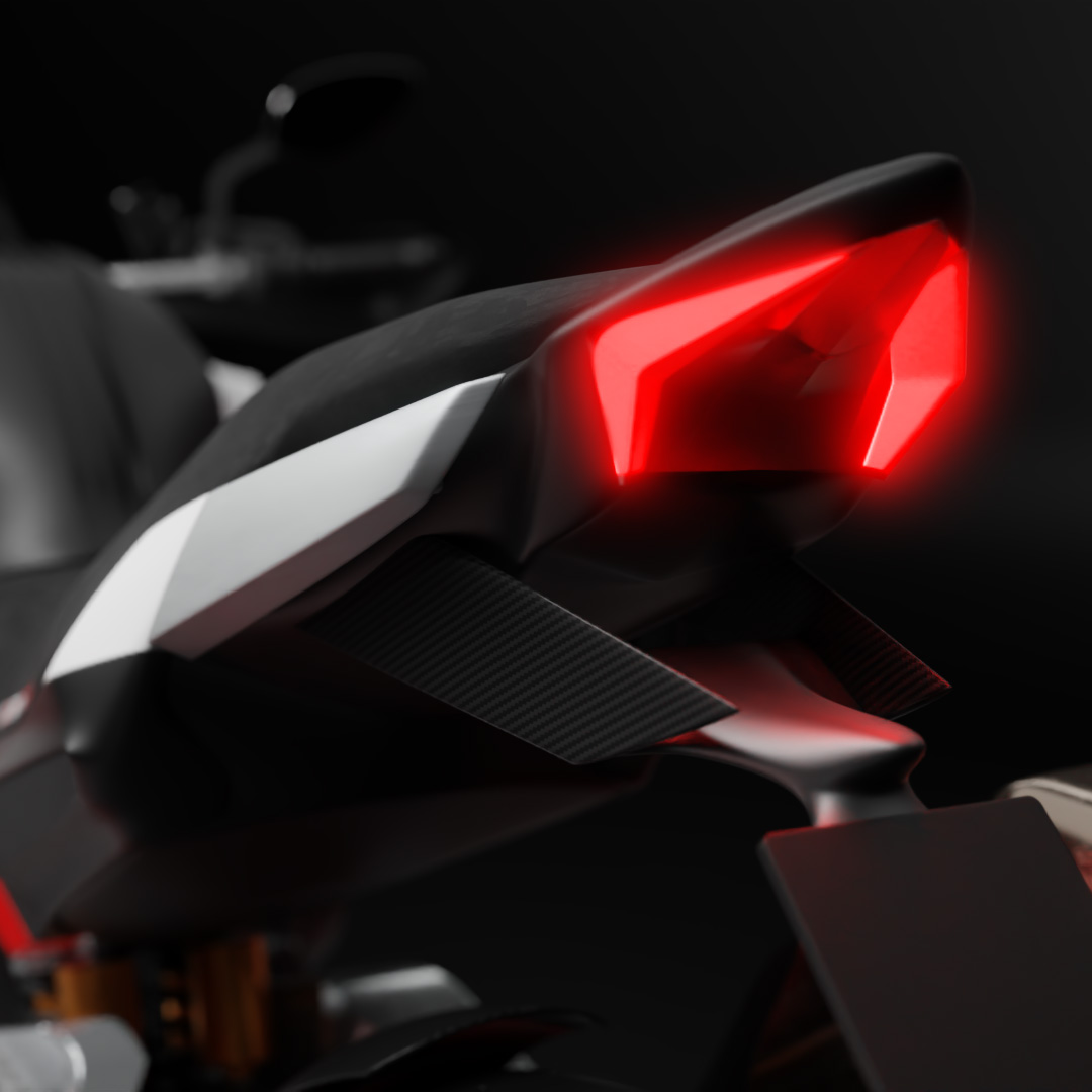 Visualisation of the Bimota Panoramica adventure motorcycle design concept, showing the tail light.