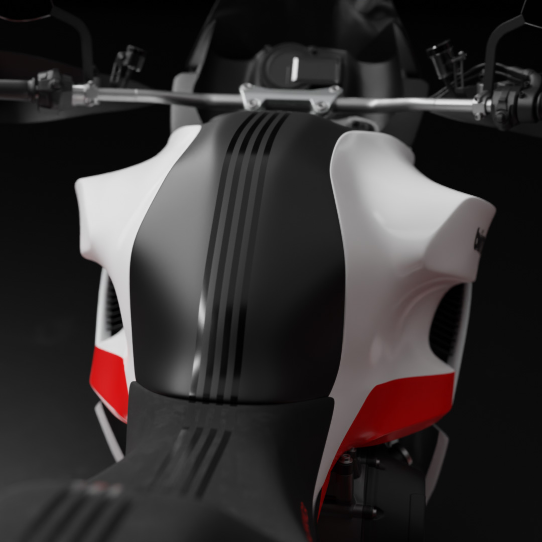 Visualisation of the Bimota Panoramica adventure motorcycle design concept, showing the back view of the tank