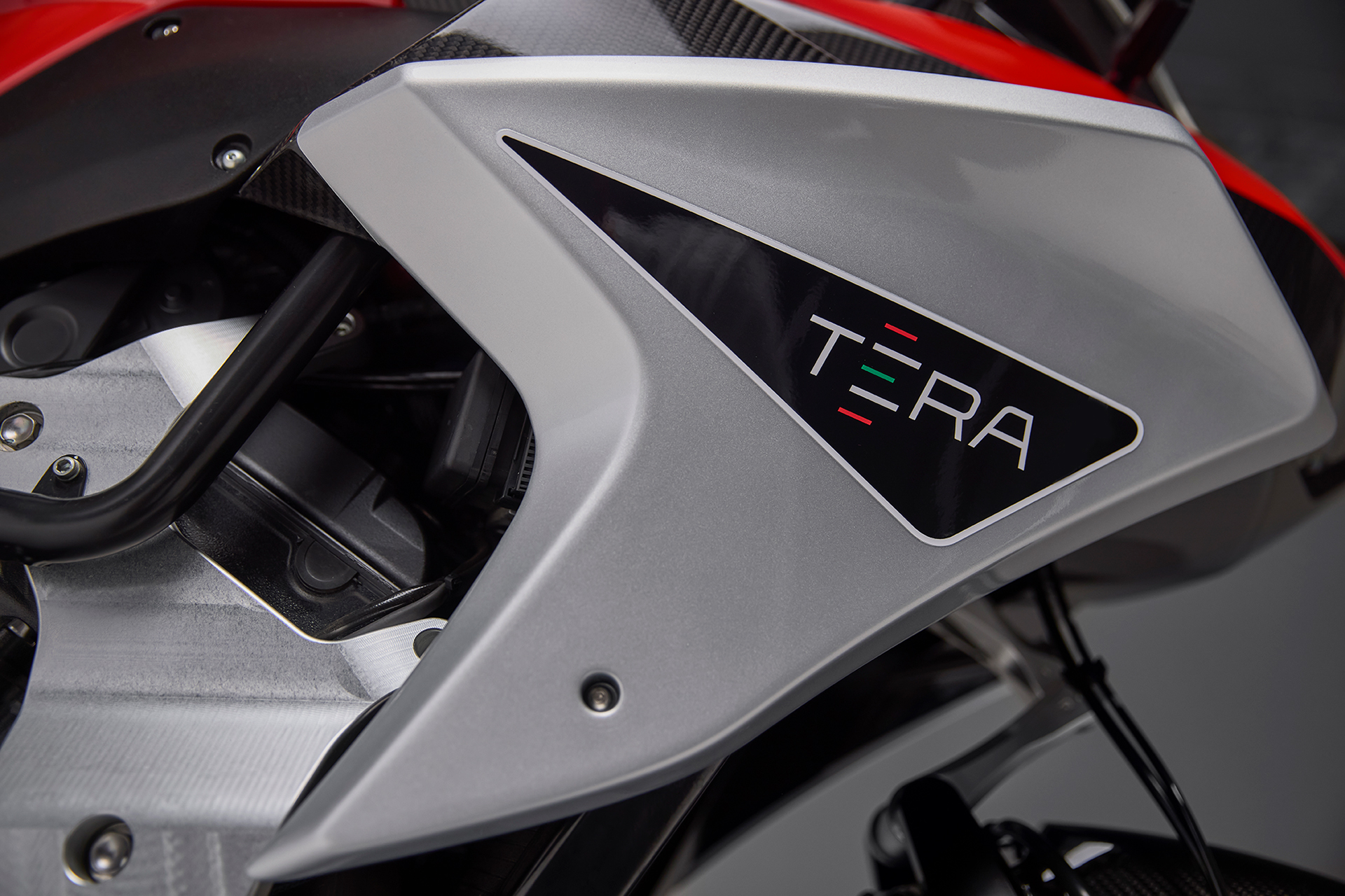A close up photo of the Bimota Tesi H2 Tera motorcycle decal showing the model name graphics.