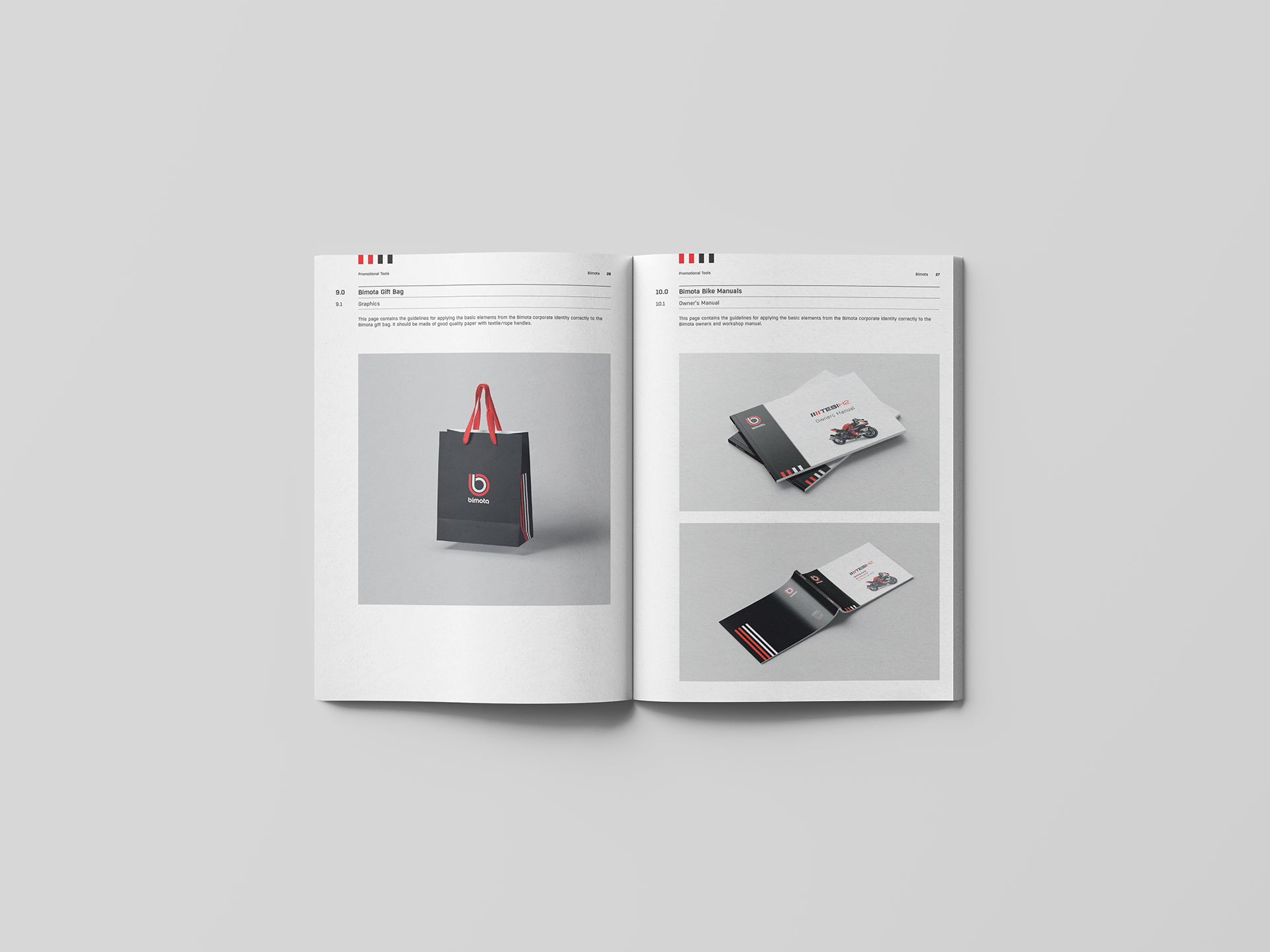 Visualisation of the Bimota motorcycles company corporate brand identity design manual book, showing a spread with the merchandise example and bike owner’s manual example.