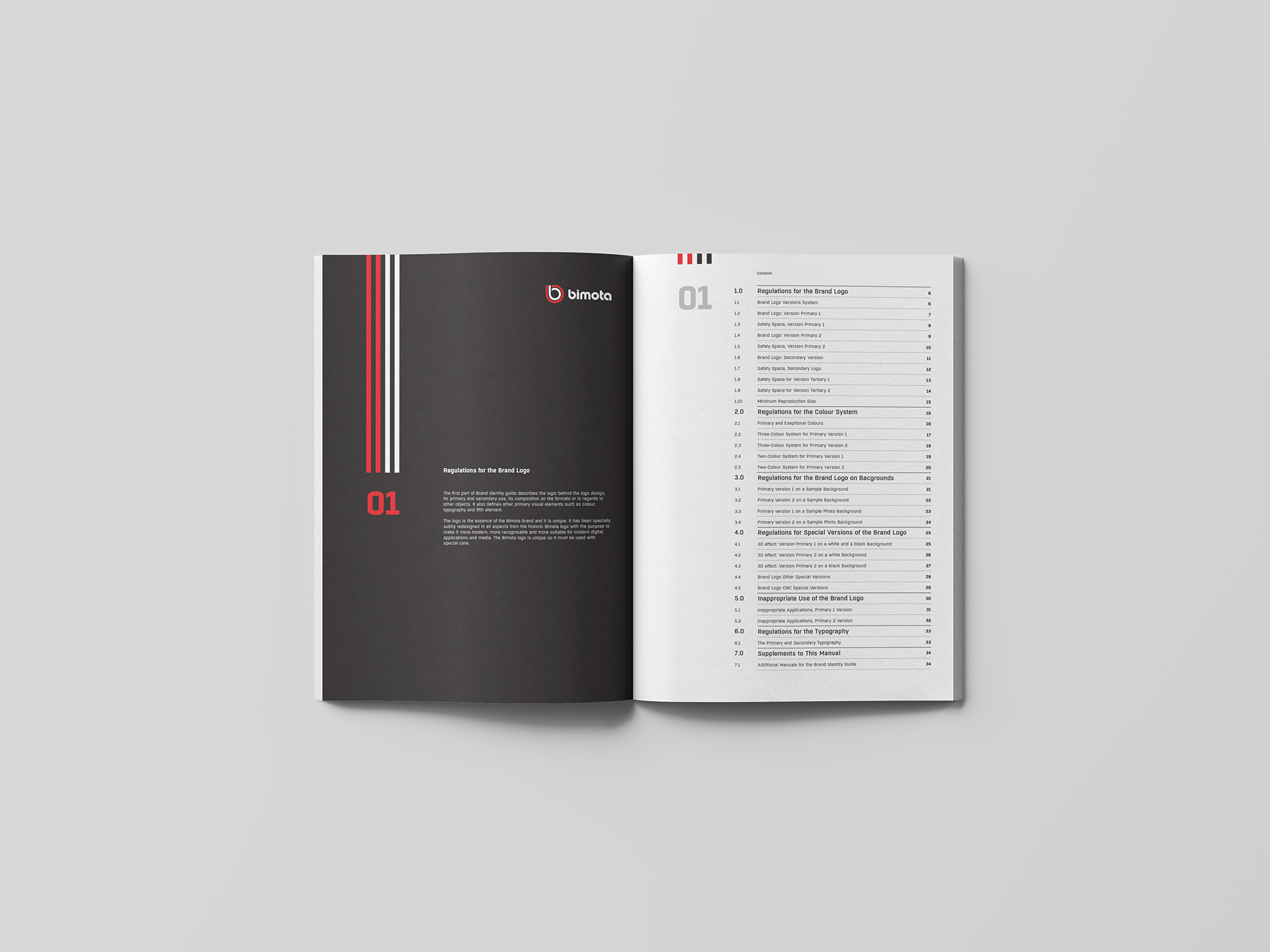 Visualisation of the Bimota motorcycles company corporate brand identity design manual book, showing a spread with the content of the book.