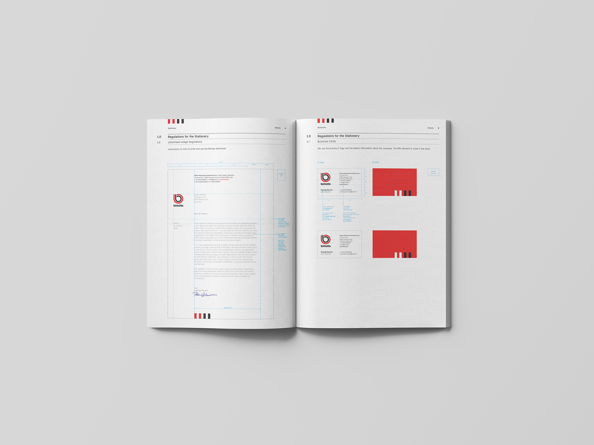 Visualisation of the Bimota motorcycles company corporate brand identity design manual book, showing a spread with the stationery regulations.
