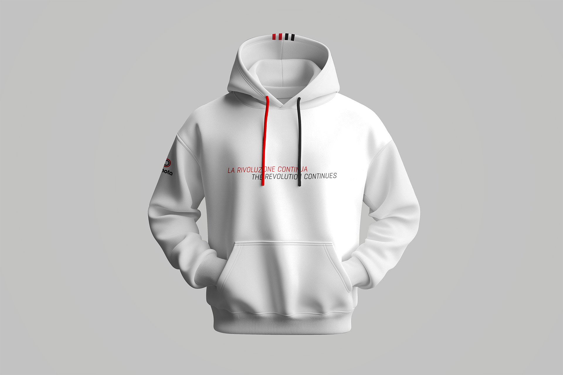A visualisation of an example of the Bimota branded merchandise, a hooded sweather.