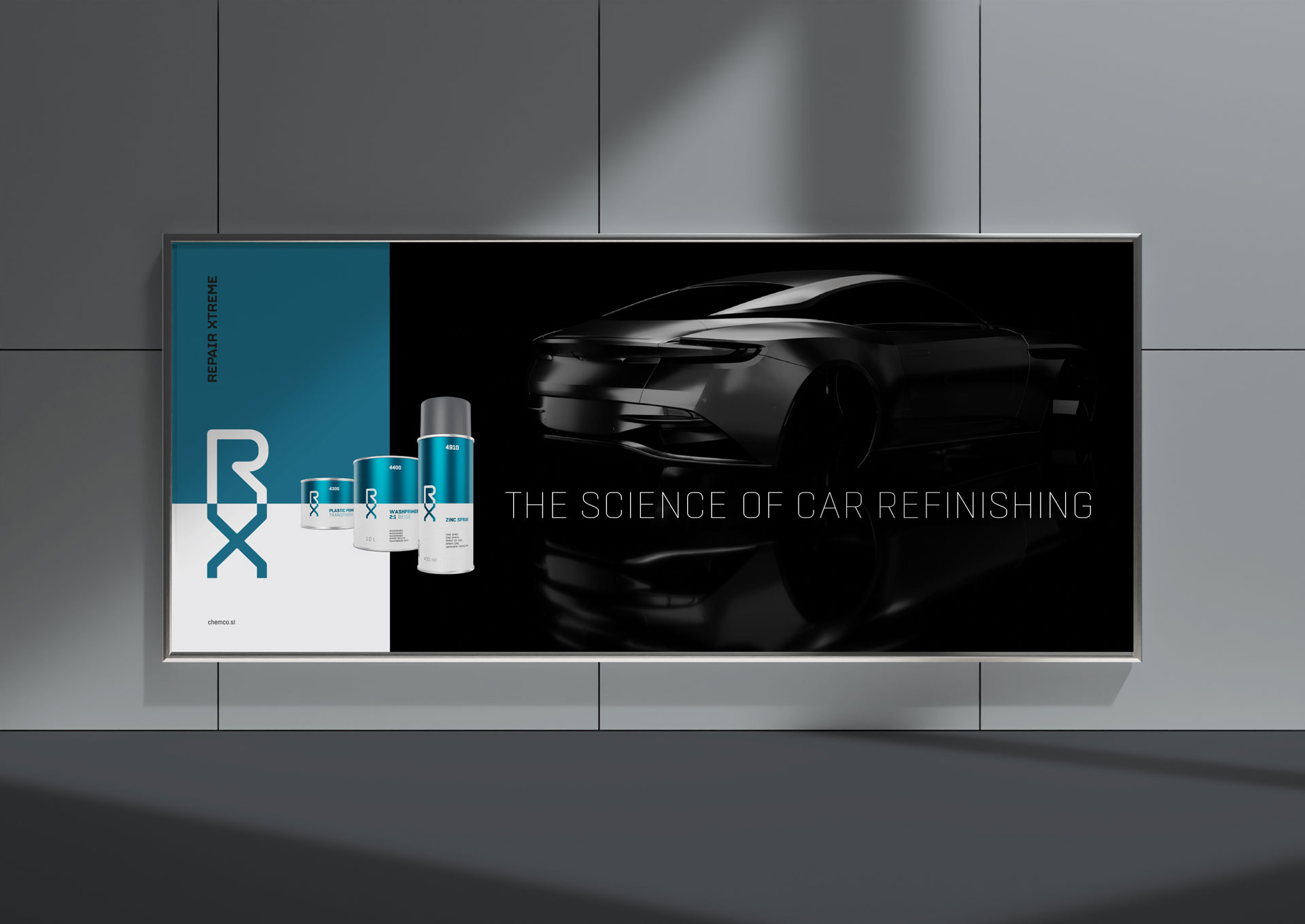 Visualisation of the Chemco RX Repair Xtreme corporate brand identity design use case, showing an example of a jumbo poster design.
