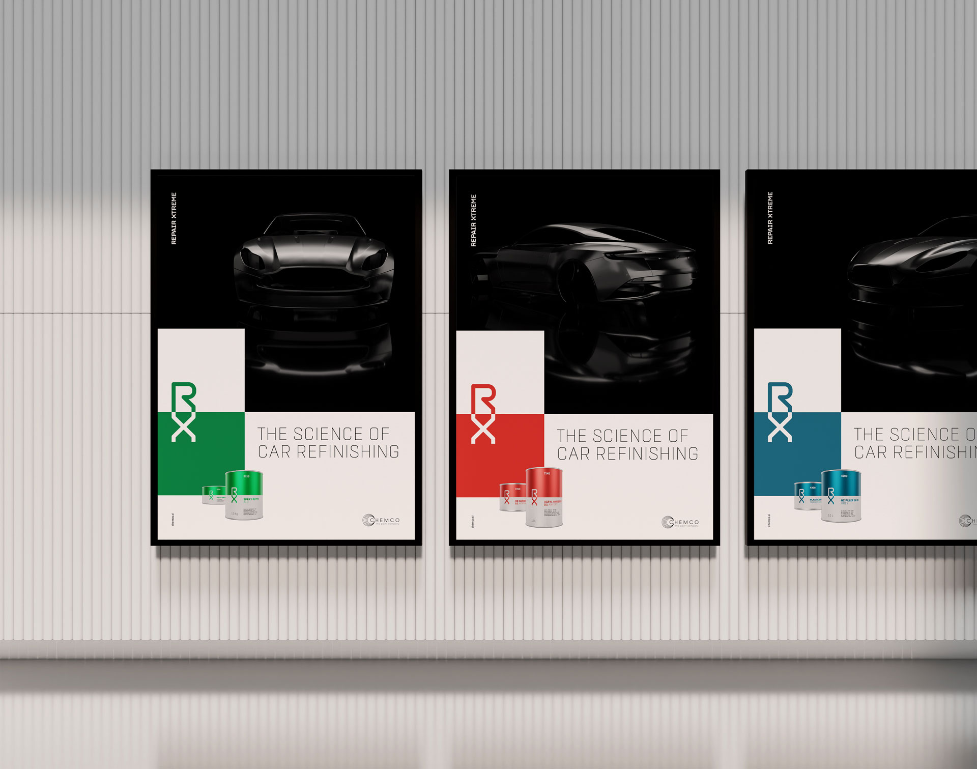 Visualisation of the Chemco RX Repair Xtreme corporate brand identity design use case, showing examples of poster designs.