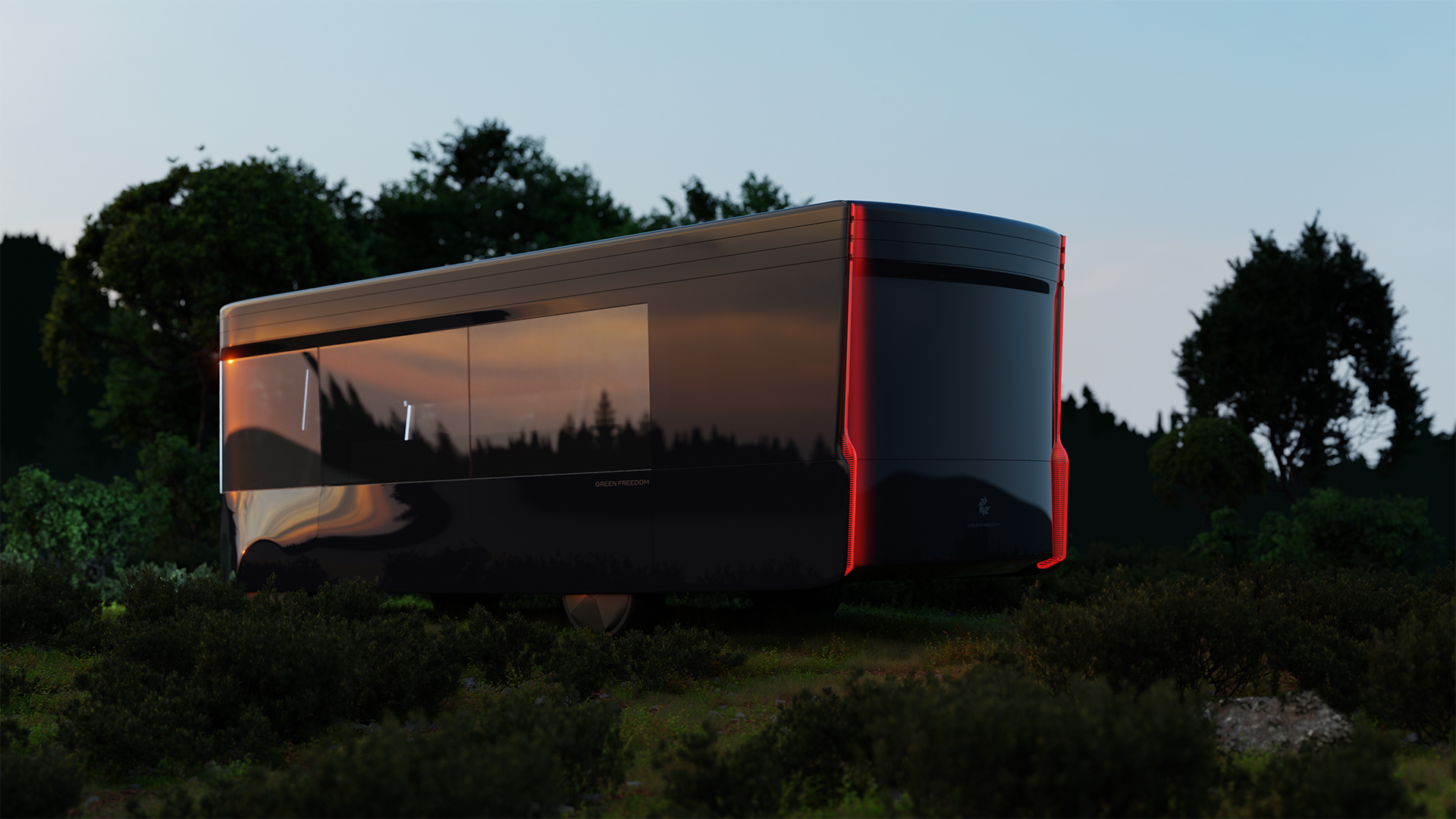 Visualisation of the Lastinski Green Freedom electric camper van concept, parked in nature, view of the back side.