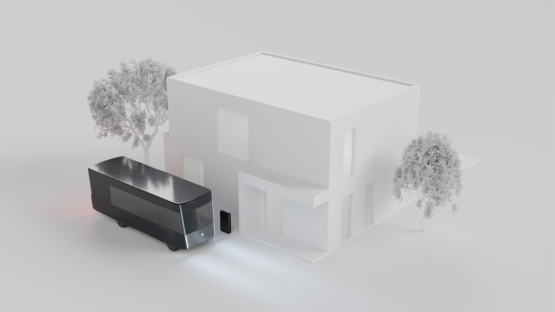 Visualisation of the Lastinski Green Freedom electric camper van concept, parked outside a house, being used as an energy storage.