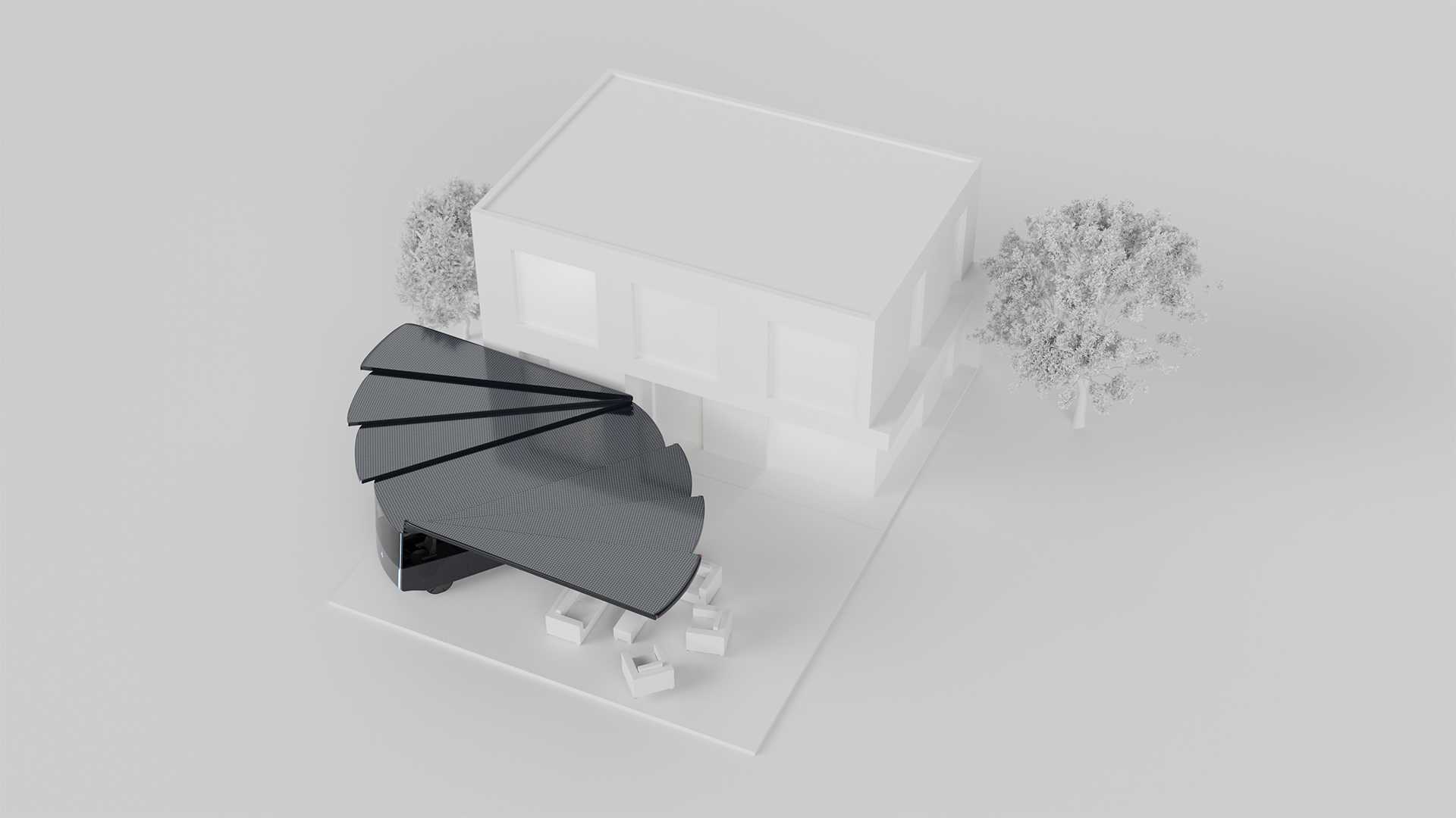 Visualisation of the Lastinski Green Freedom electric camper van concept, parked outside a house, solar roof expanded, being used for energy production.