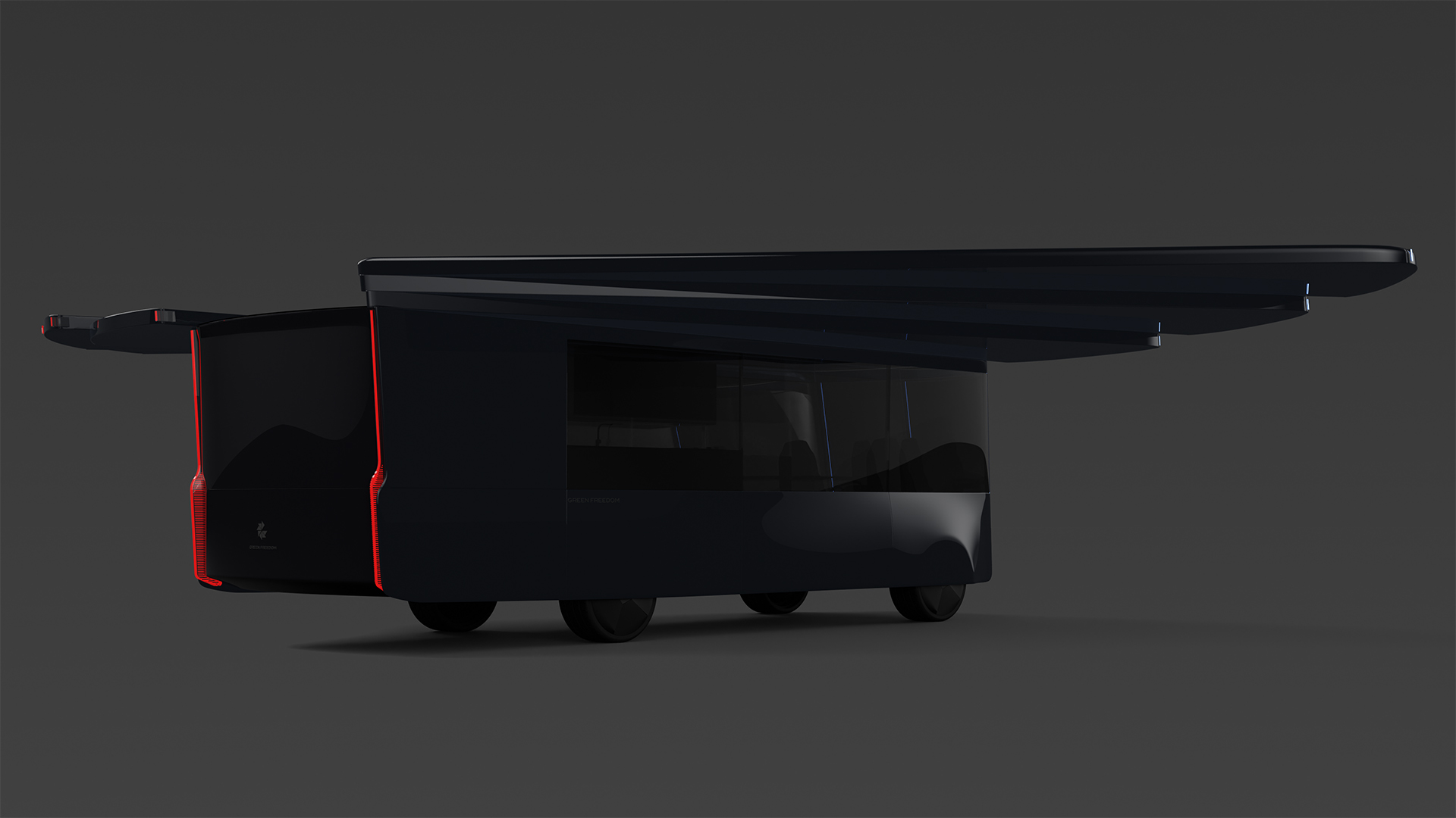 Visualisation of the Lastinski Green Freedom electric camper van concept, in studio environment, rear view with roof expanded.
