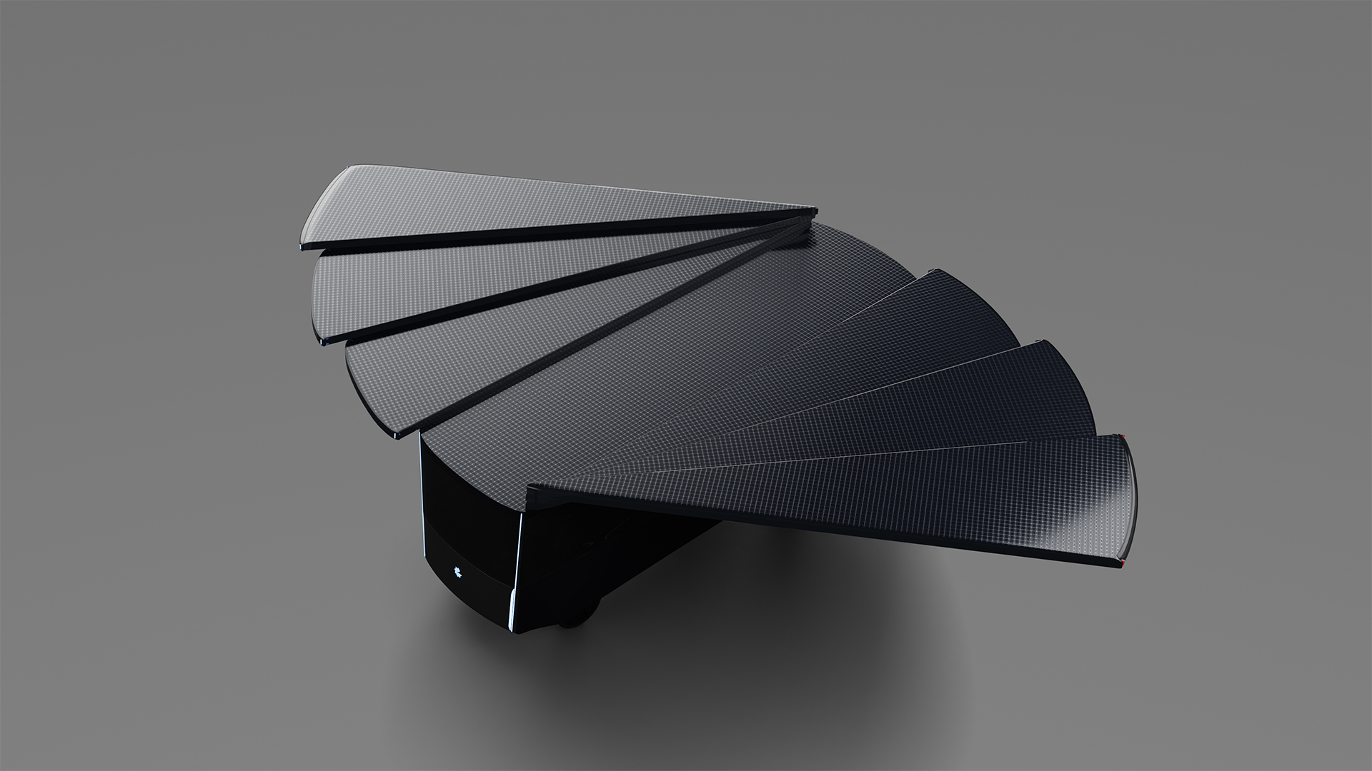 Visualisation of the Lastinski Green Freedom electric camper van concept, in studio environment, top view of the expanded solar panels.